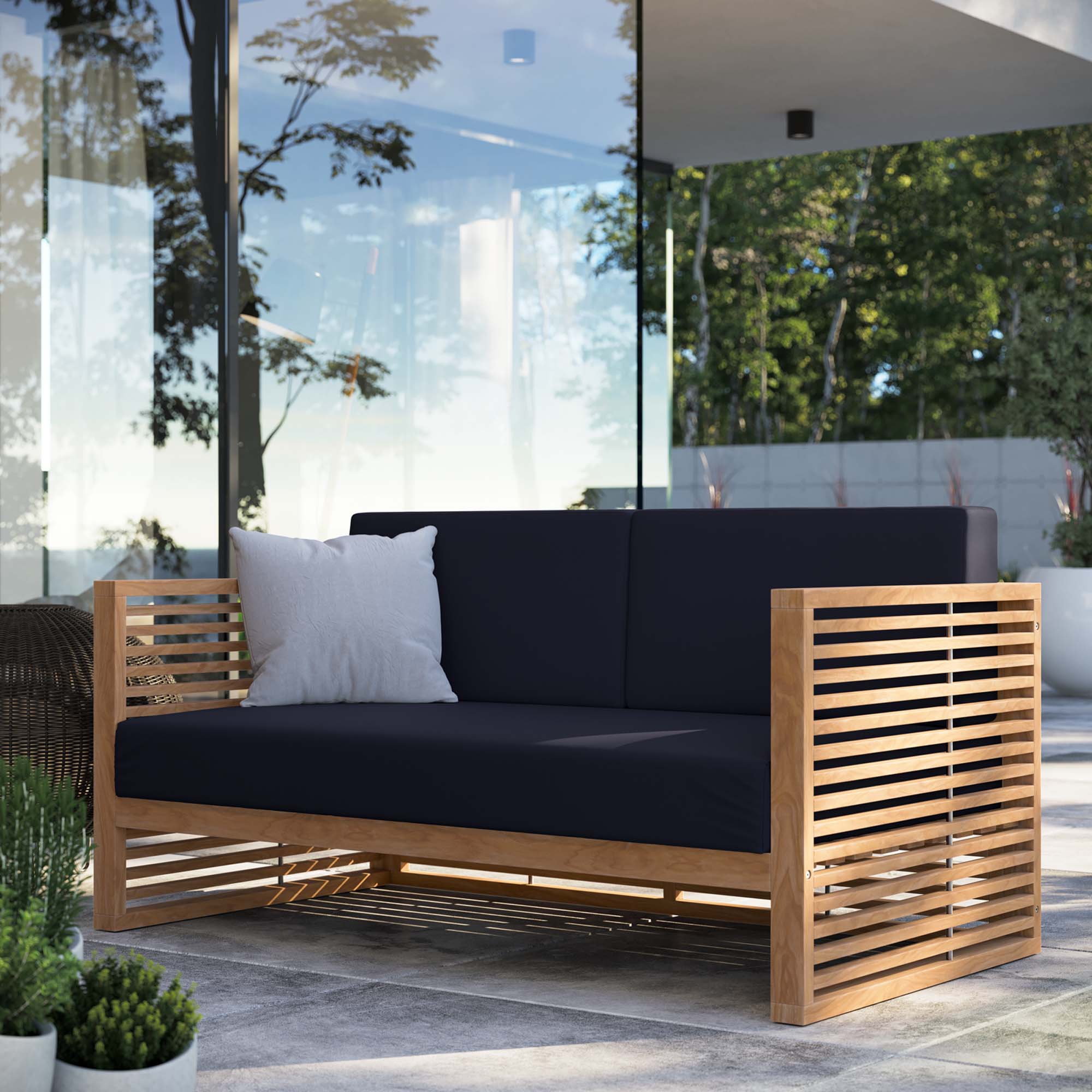 Carlsbad Teak Wood Outdoor Patio Loveseat, Natural Navy