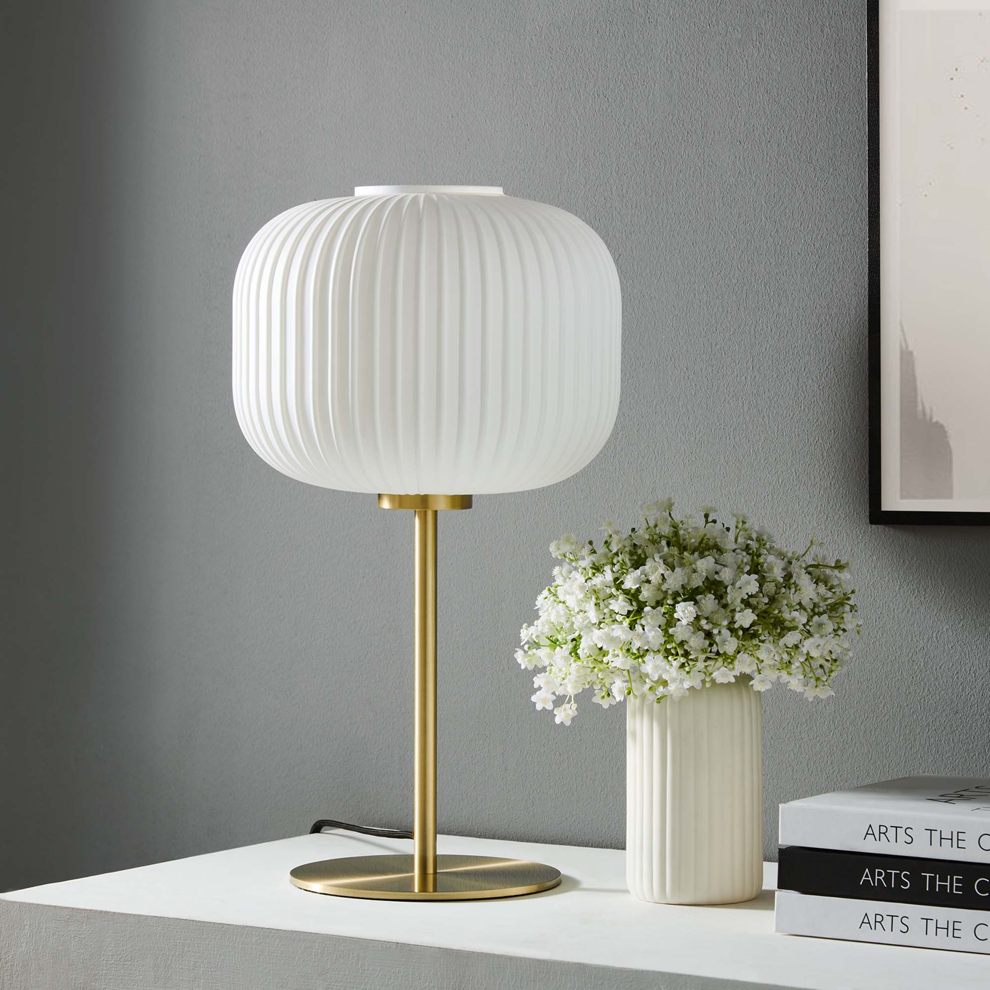 Reprise Glass Sphere Glass and Metal Table Lamp, White Satin Brass