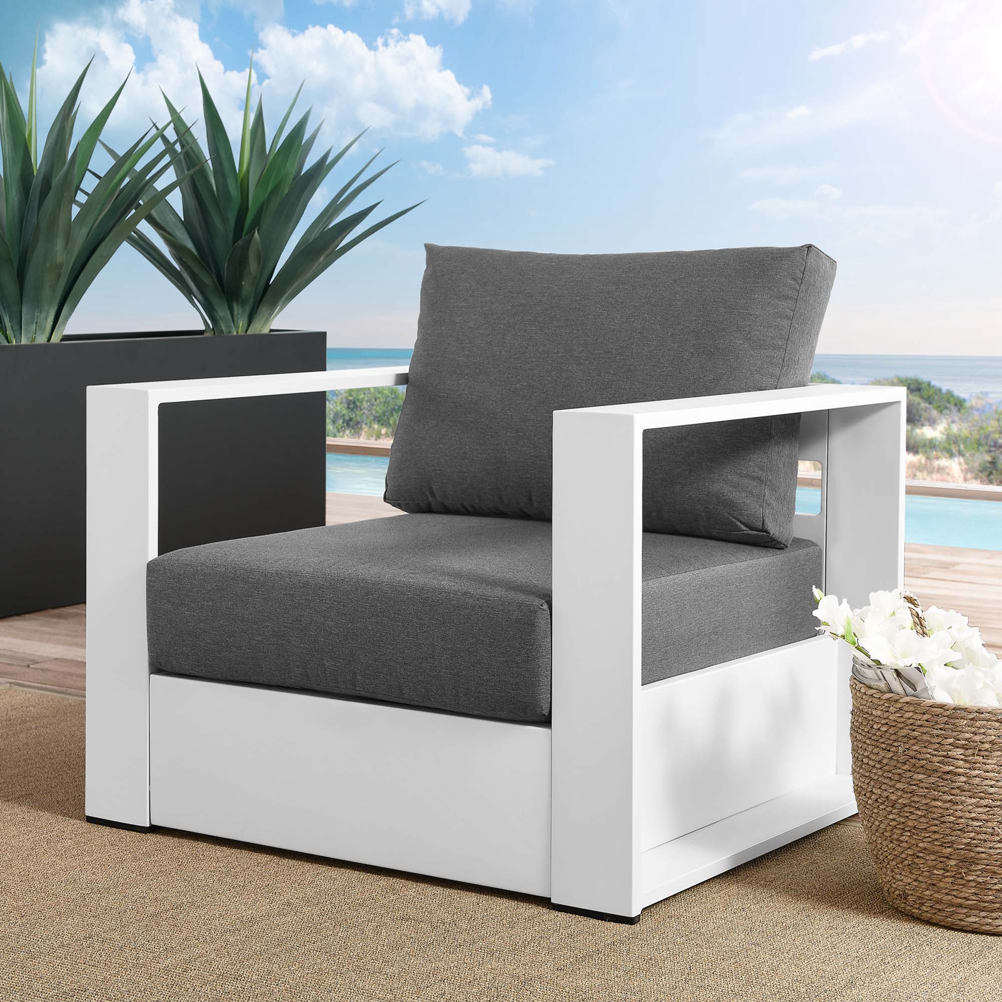 Tahoe Outdoor Patio Powder-Coated Aluminum Armchair, White Charcoal