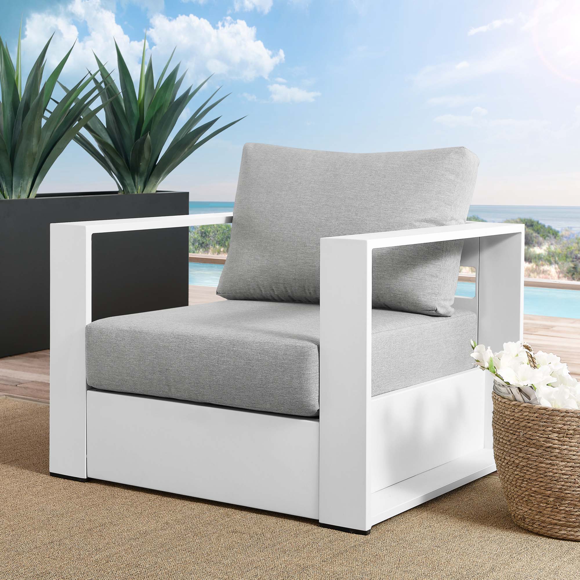 Tahoe Outdoor Patio Powder-Coated Aluminum Armchair, White Gray