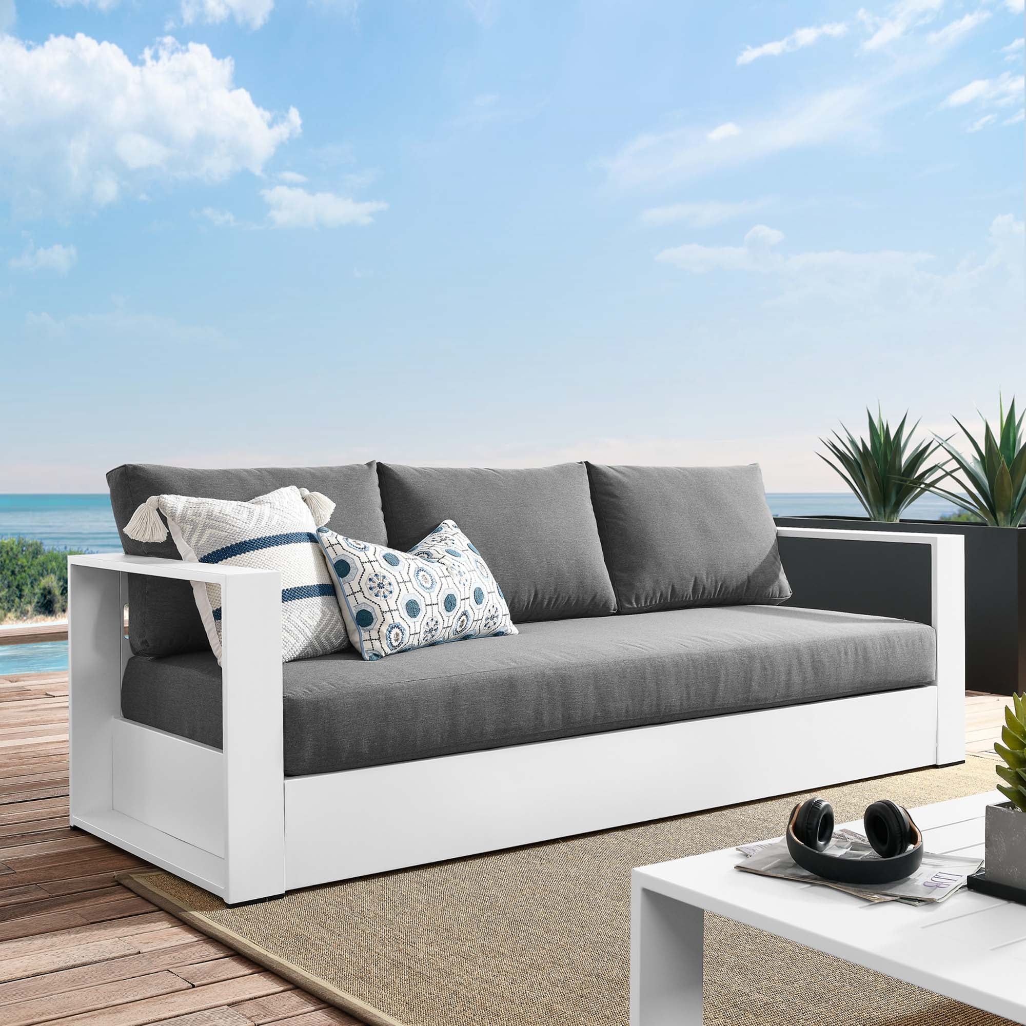 Tahoe Outdoor Patio Powder-Coated Aluminum Sofa, White Charcoal
