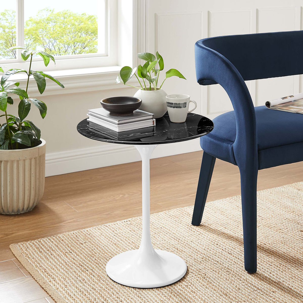 Lippa 20" Round Faux Marble Side Table, White Black
