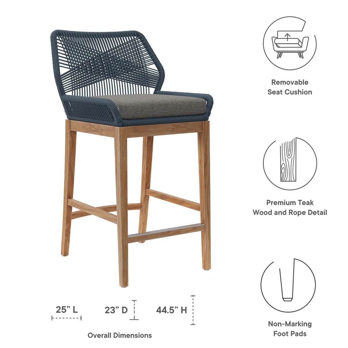 Wellspring 3-Piece Outdoor Patio Teak Wood Bar Set, Blue Graphite