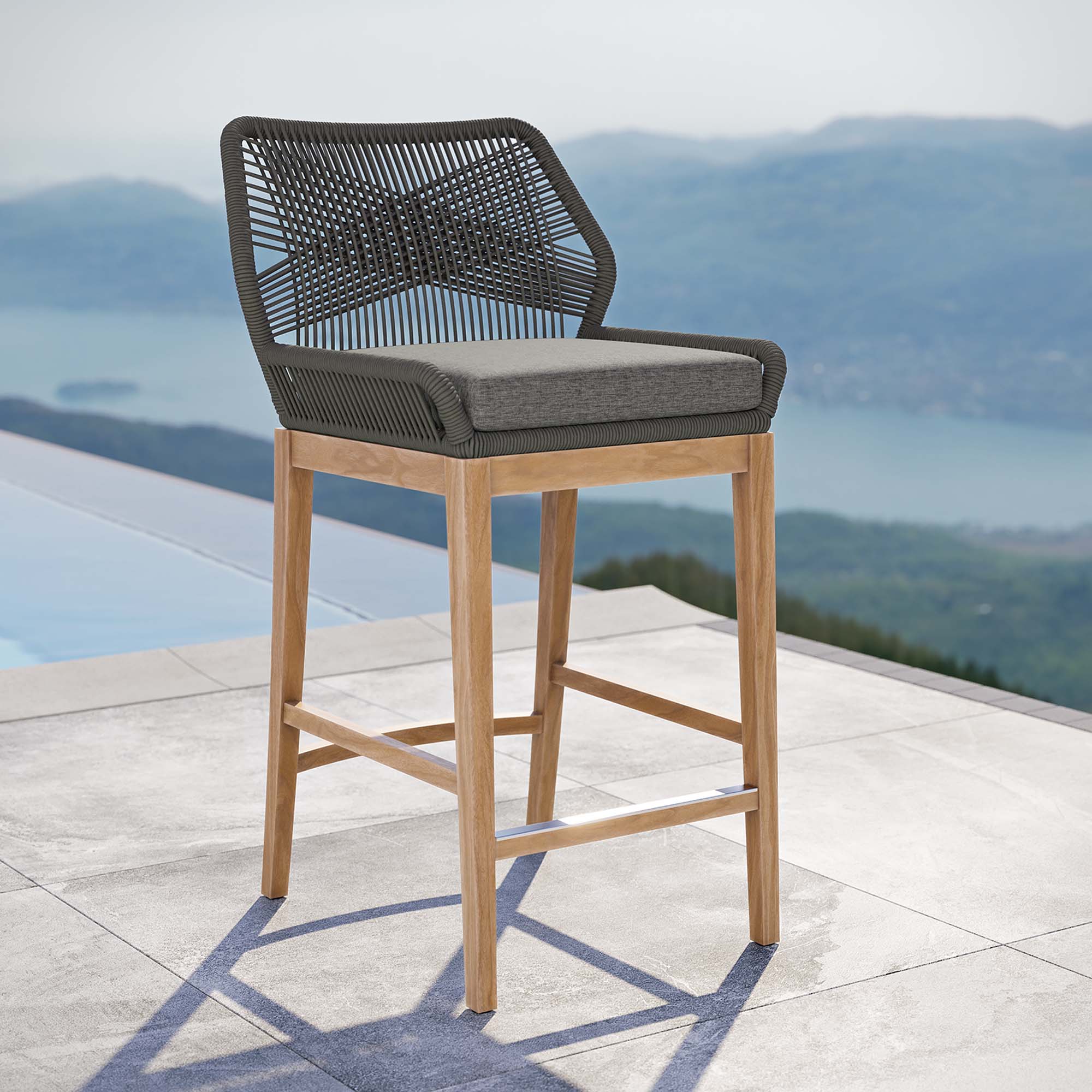 Wellspring Outdoor Patio Teak Wood Bar Stool, Gray Graphite