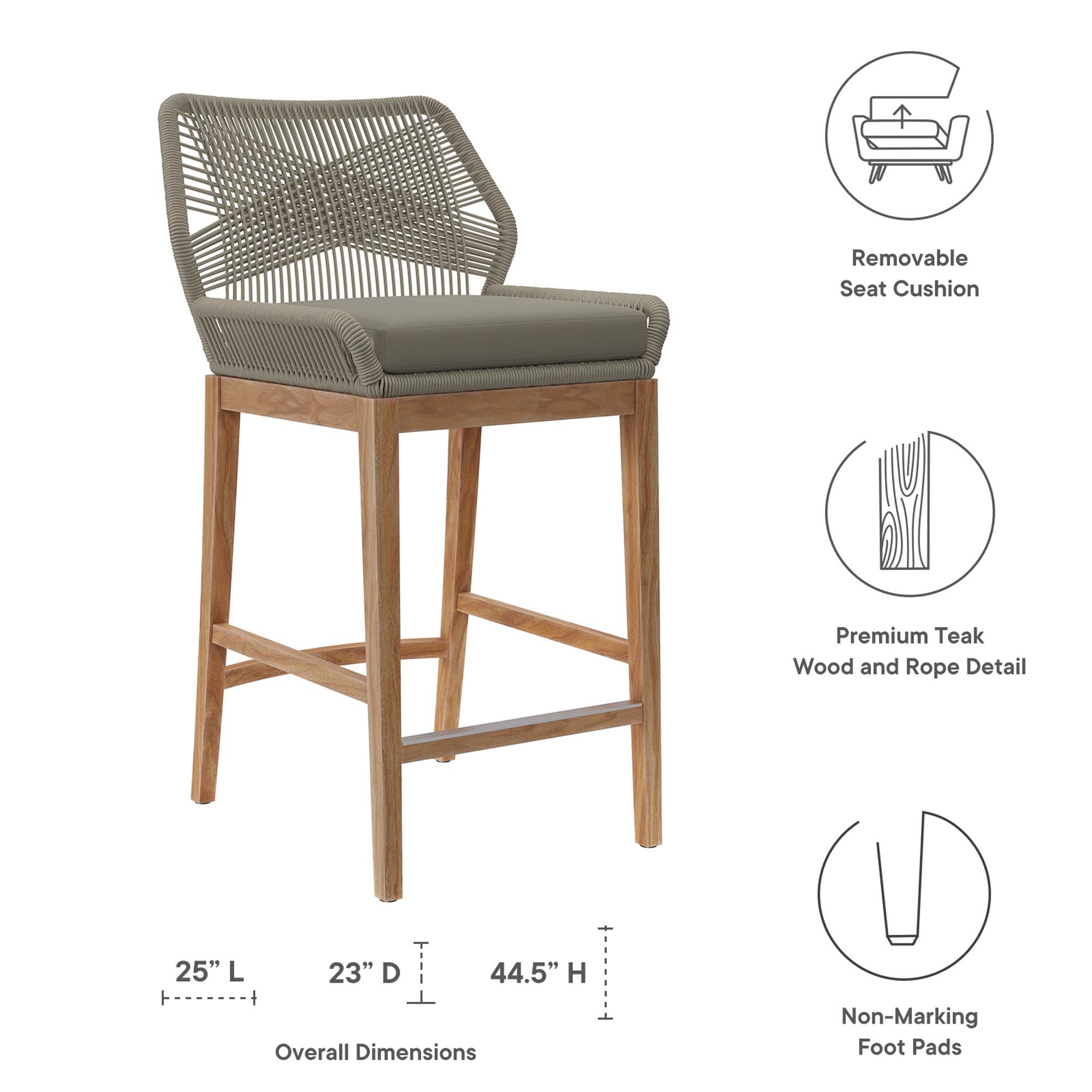Wellspring Outdoor Patio Teak Wood Bar Stool, Light Gray Greige