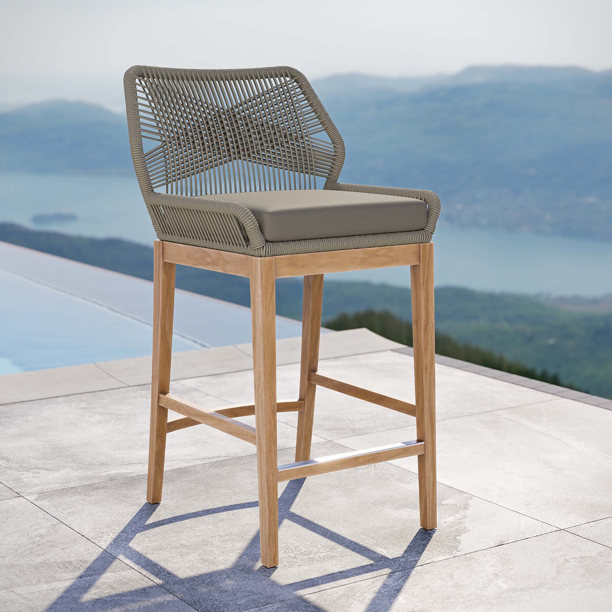 Wellspring Outdoor Patio Teak Wood Bar Stool, Light Gray Greige