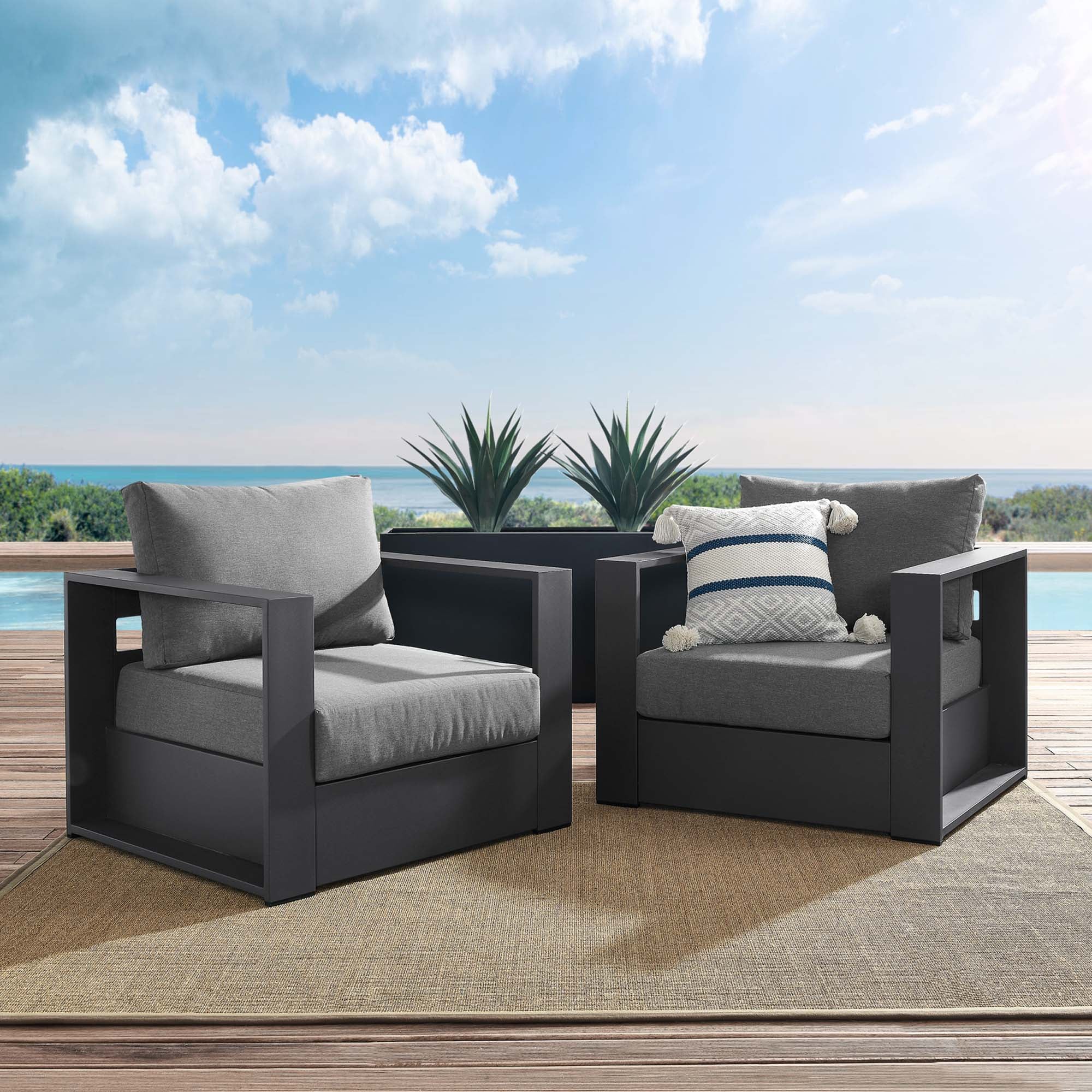 Tahoe 2-Piece Outdoor Patio Powder-Coated Aluminum Armchair Set, Gray Charcoal