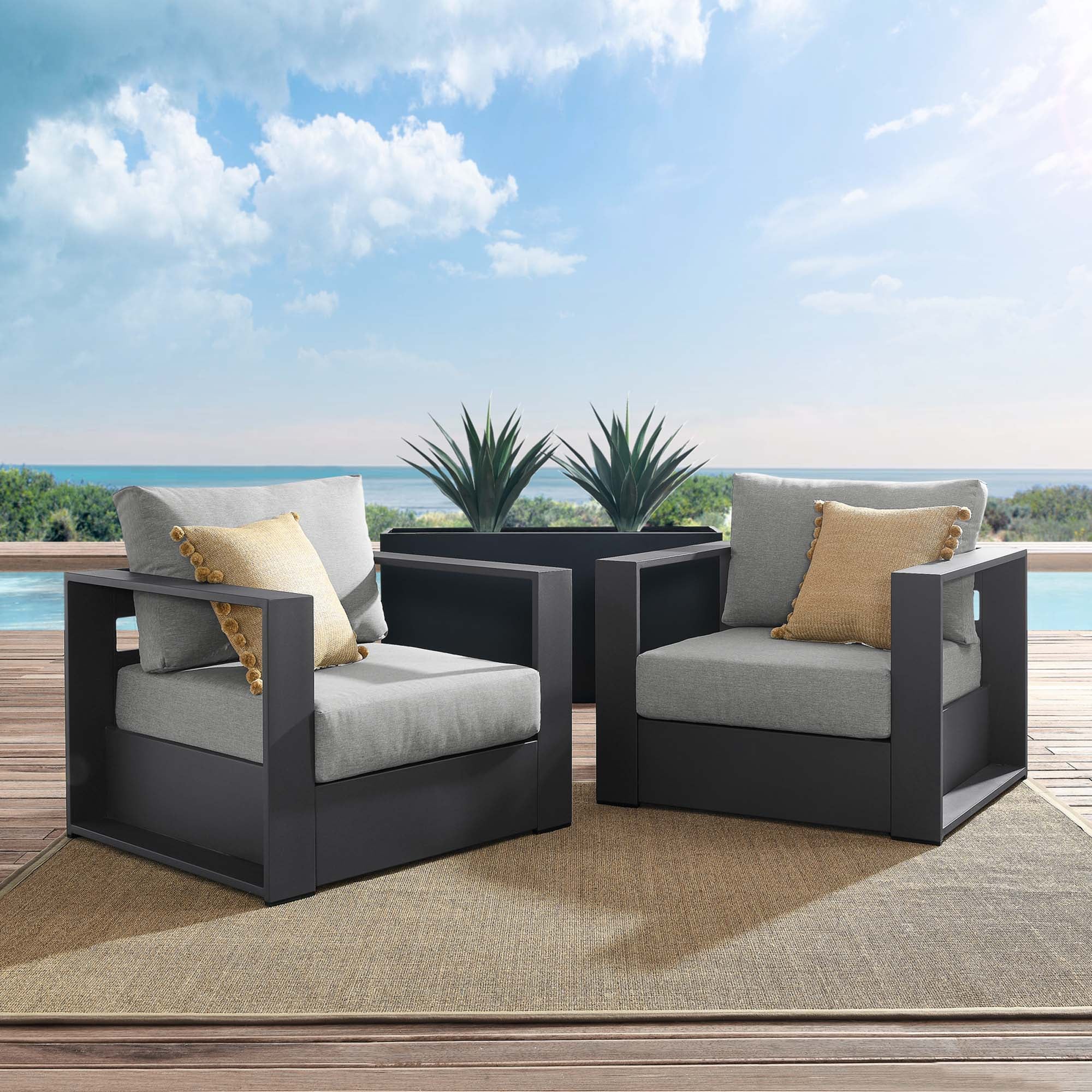 Tahoe 2-Piece Outdoor Patio Powder-Coated Aluminum Armchair Set, Gray Gray