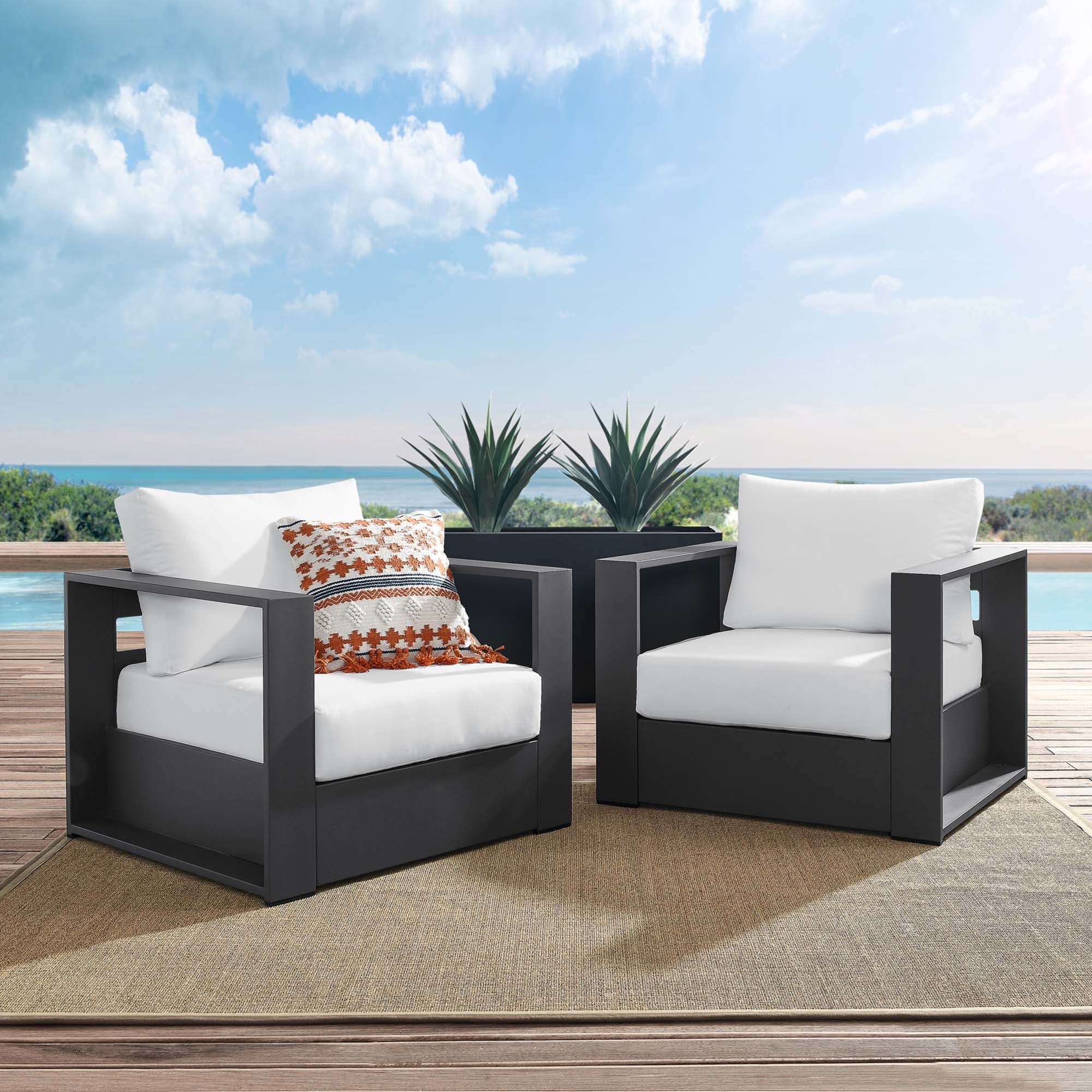Tahoe 2-Piece Outdoor Patio Powder-Coated Aluminum Armchair Set, Gray White