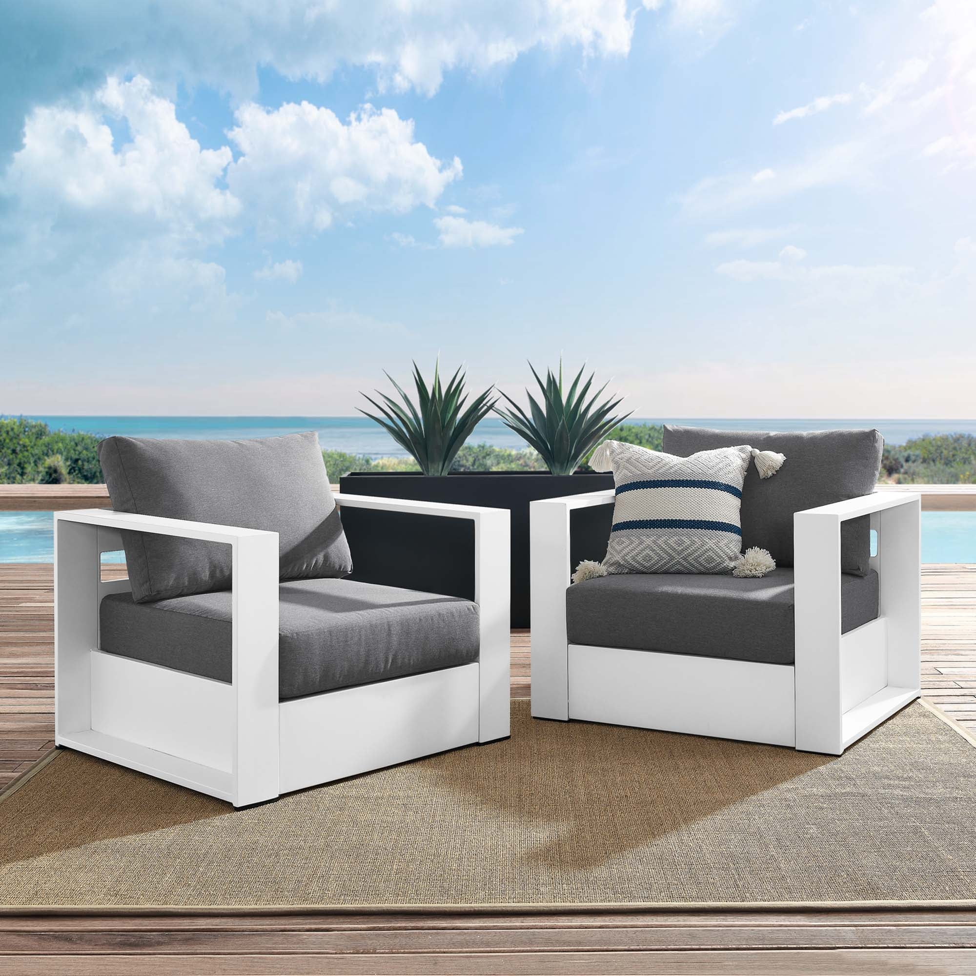 Tahoe 2-Piece Outdoor Patio Powder-Coated Aluminum Armchair Set, White Charcoal