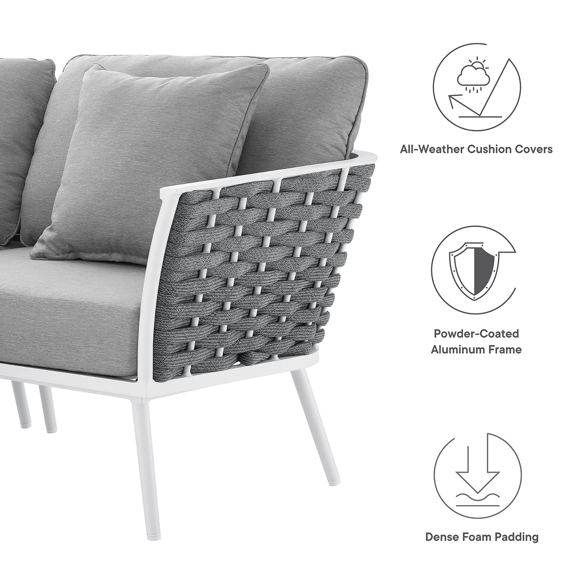 Stance Outdoor Patio Aluminum Small Sectional Sofa, White Gray