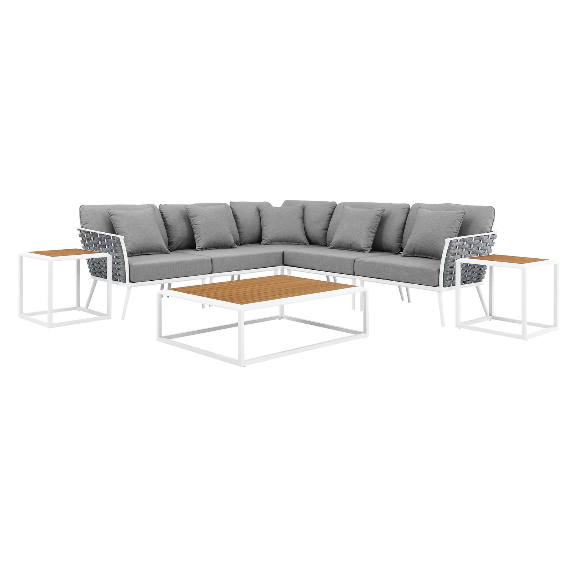 Stance 8 Piece Outdoor Patio Aluminum Sectional Sofa Set, White Gray