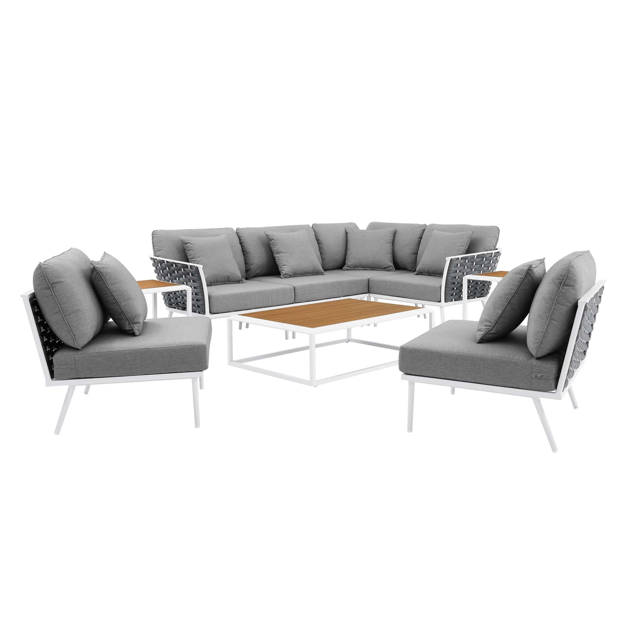 Stance 9 Piece Aluminum Outdoor Patio Aluminum Sectional Sofa Set, White Gray