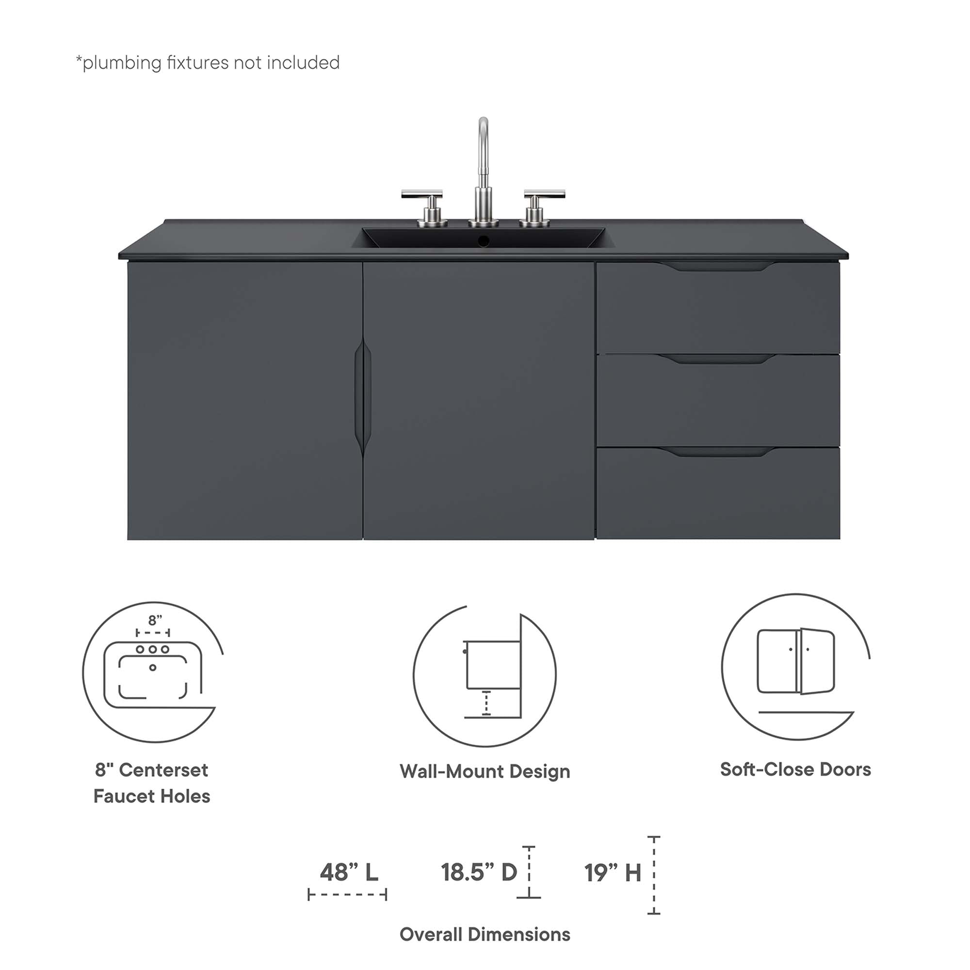 Vitality 48" Single Sink Bathroom Vanity, Gray Black