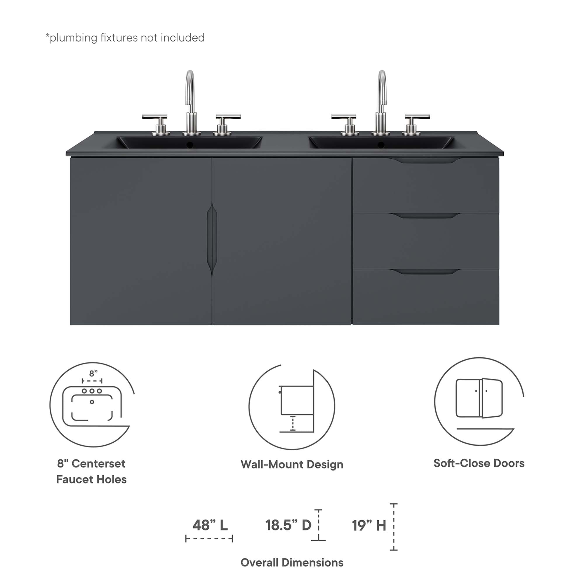 Vitality 48" Double Sink Bathroom Vanity, Gray Black
