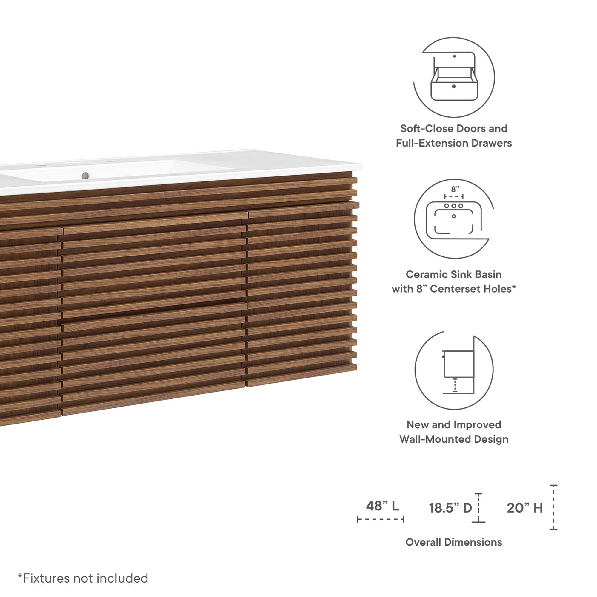 Render 48" Wall-Mount Bathroom Vanity, Walnut White