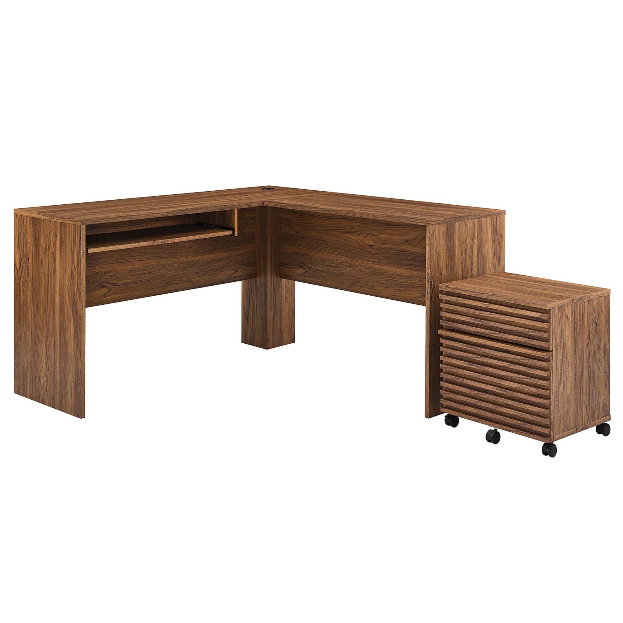 Render Wood Desk and File Cabinet Set, Walnut