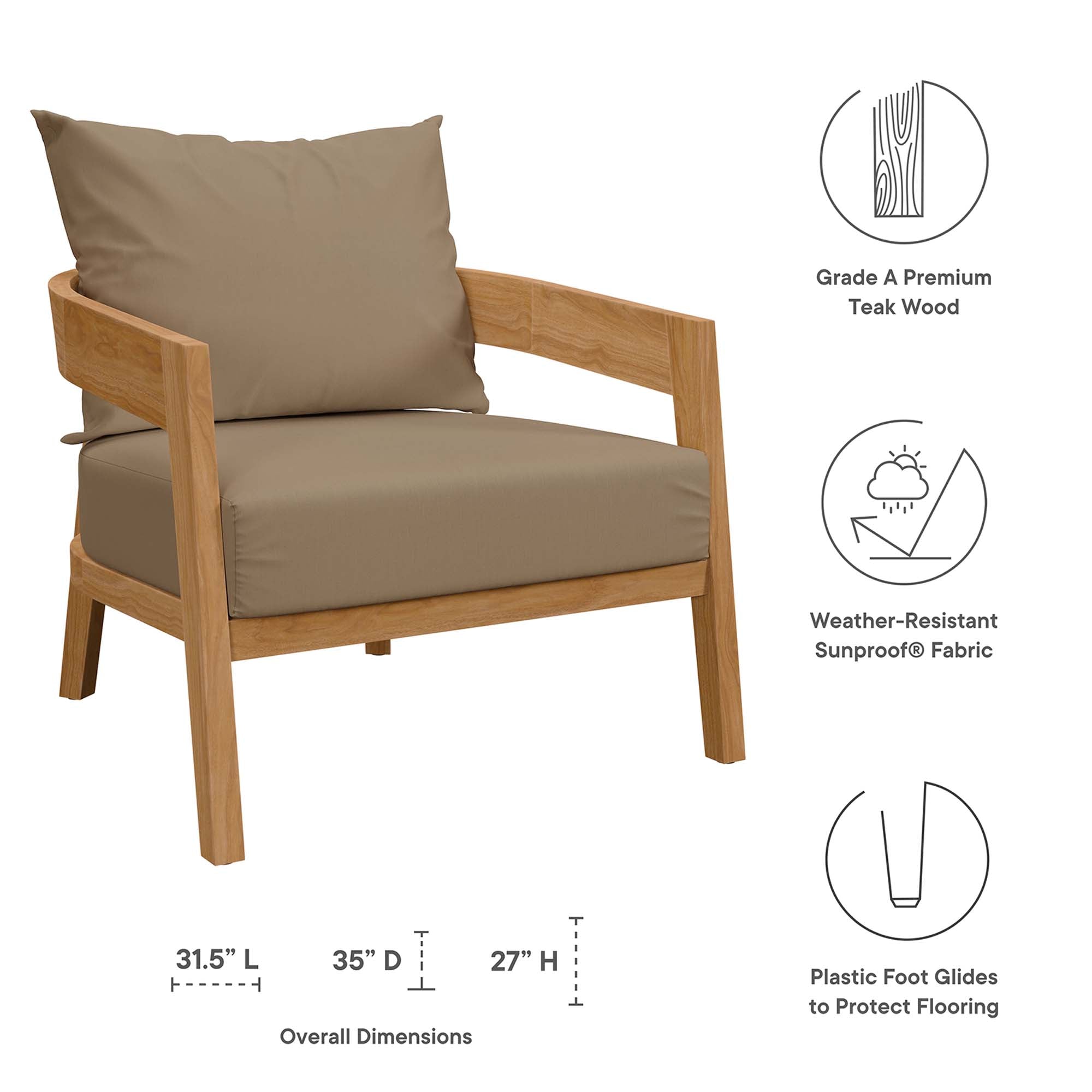 Brisbane 3-Piece Teak Wood Outdoor Patio Set, Natural Light Brown