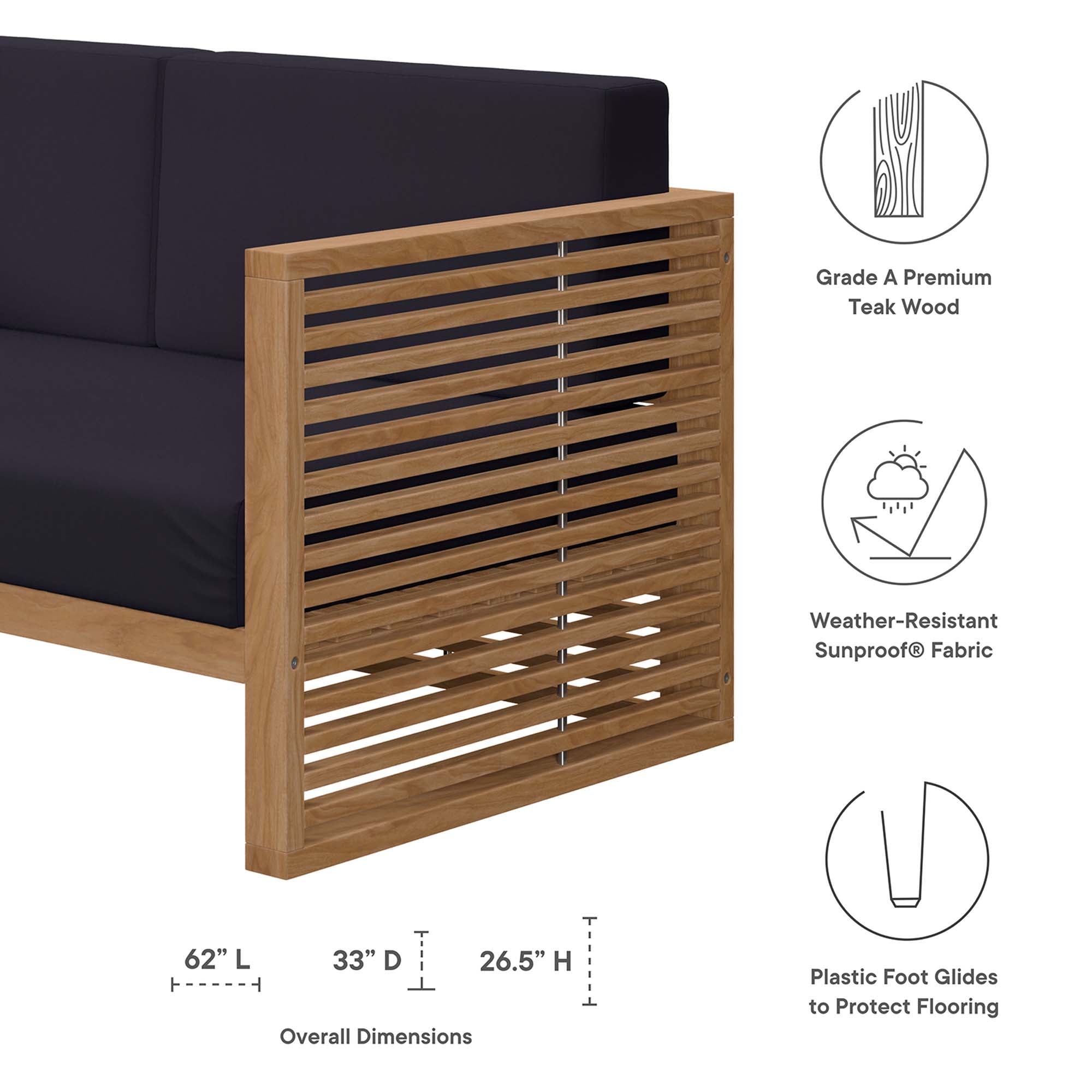 Carlsbad 3-Piece Teak Wood Outdoor Patio Set, Natural Navy