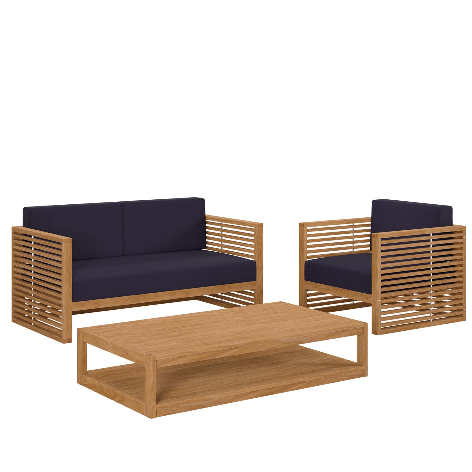 Carlsbad 3-Piece Teak Wood Outdoor Patio Set, Natural Navy