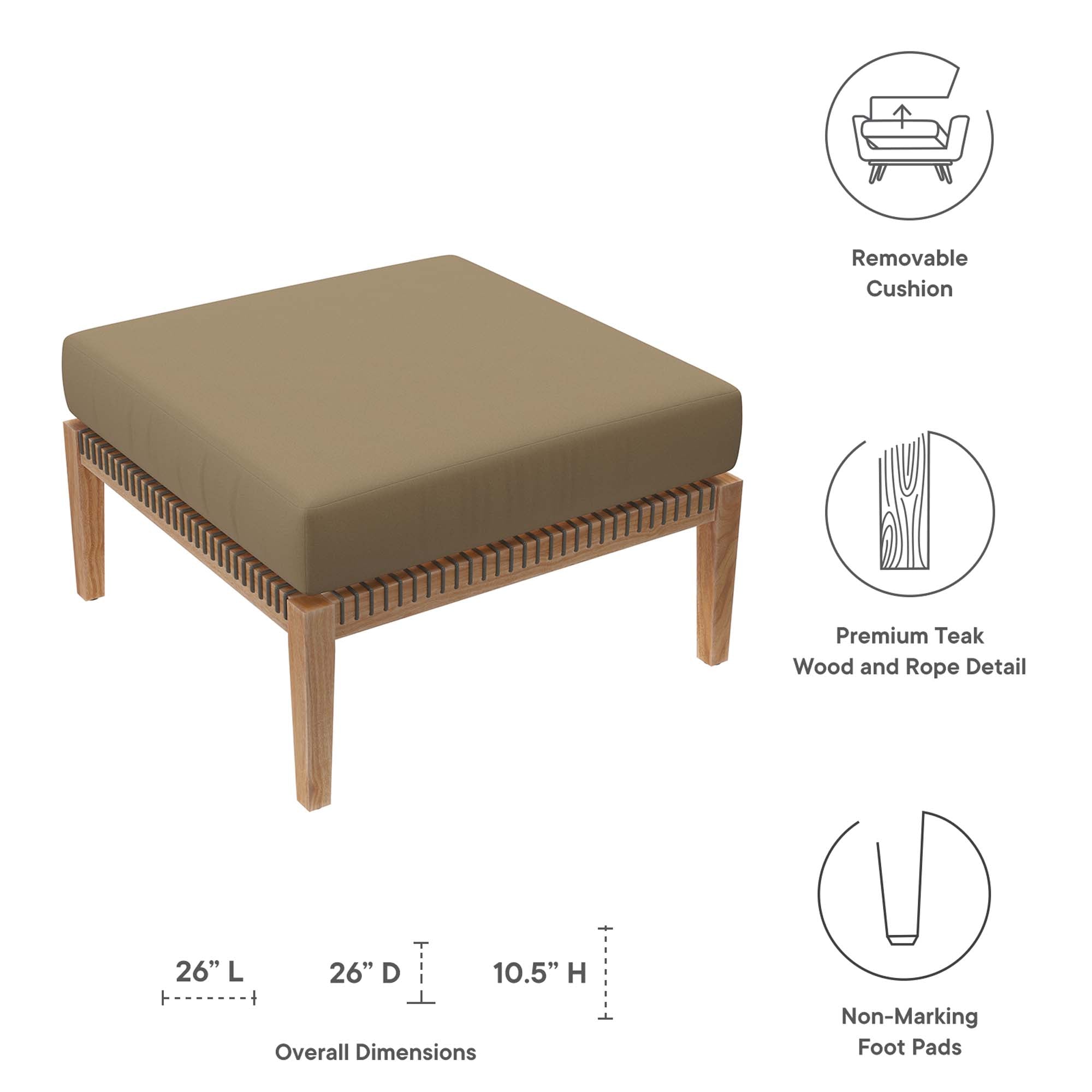 Clearwater Outdoor Patio Teak Wood Ottoman, Gray Light Brown