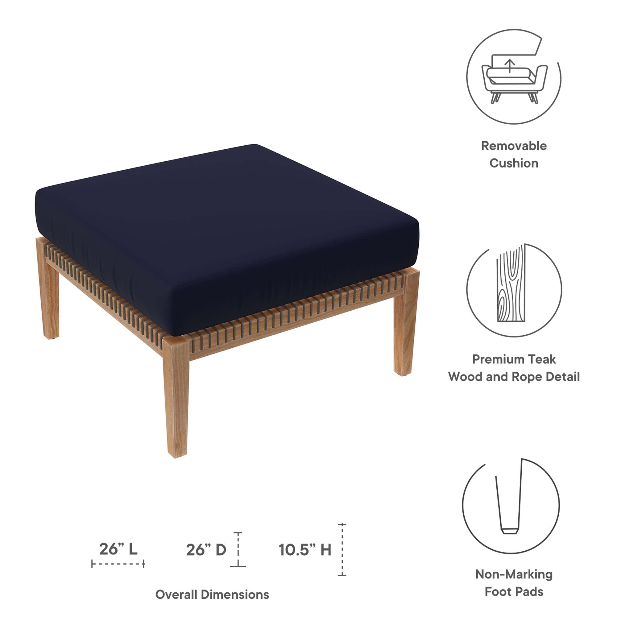 Clearwater Outdoor Patio Teak Wood Ottoman, Gray Navy