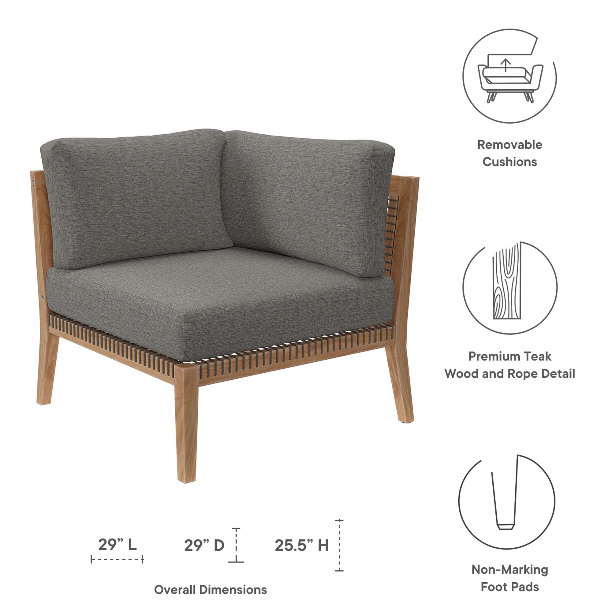 Clearwater Outdoor Patio Teak Wood Corner Chair, Gray Graphite