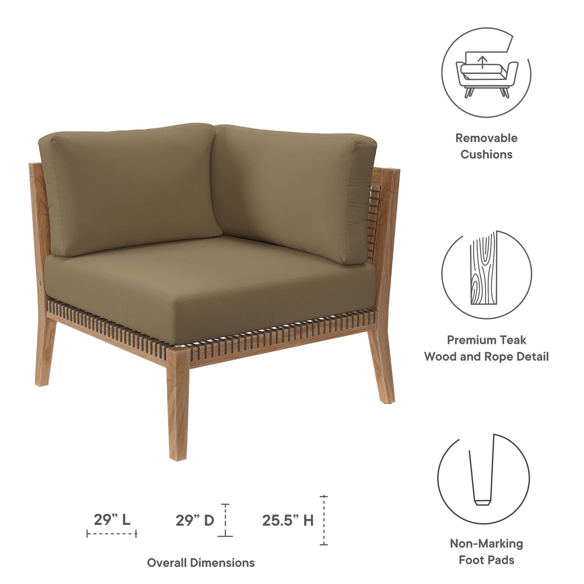 Clearwater Outdoor Patio Teak Wood Corner Chair, Gray Light Brown