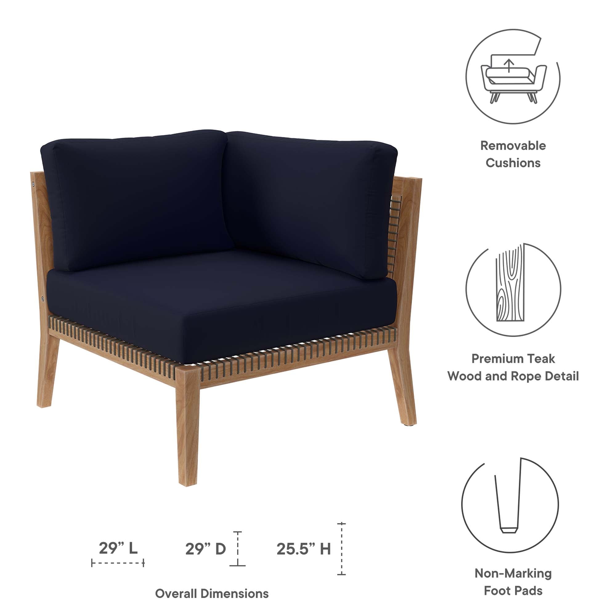 Clearwater Outdoor Patio Teak Wood Corner Chair, Gray Navy