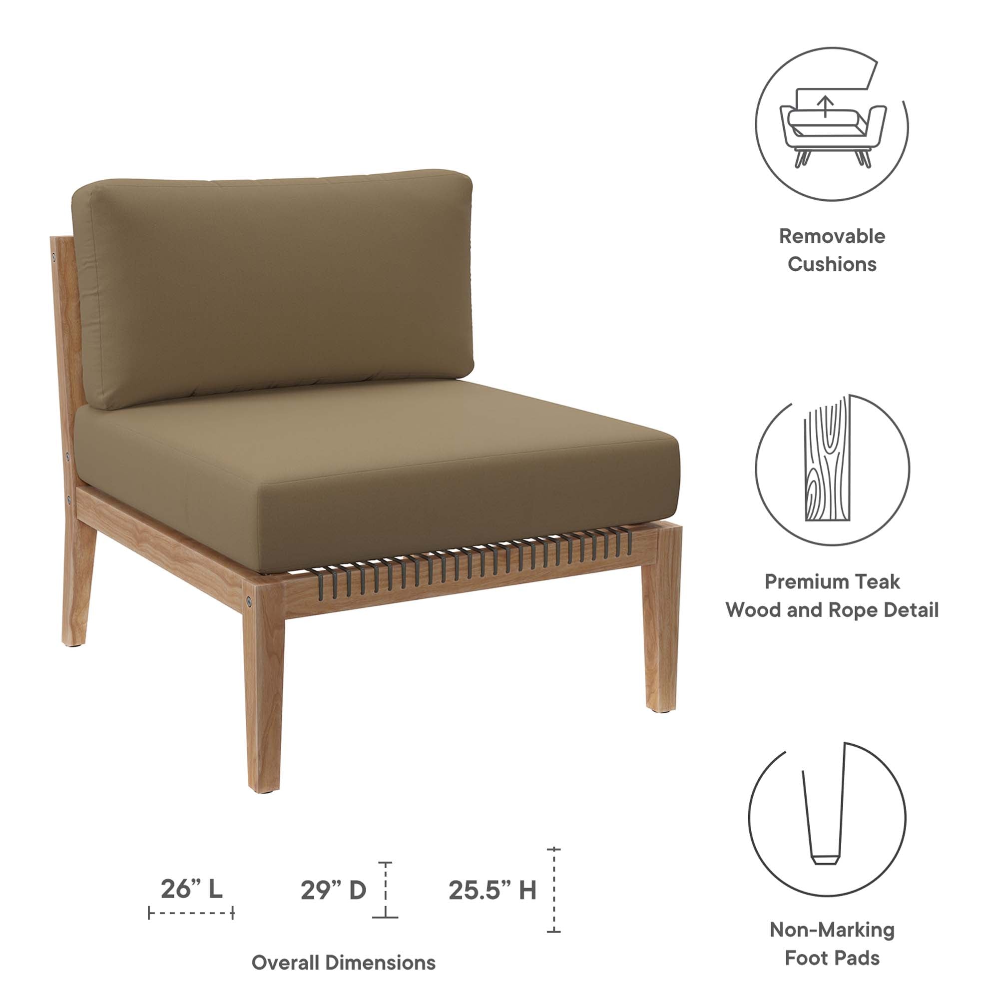 Clearwater Outdoor Patio Teak Wood Armless Chair, Gray Light Brown