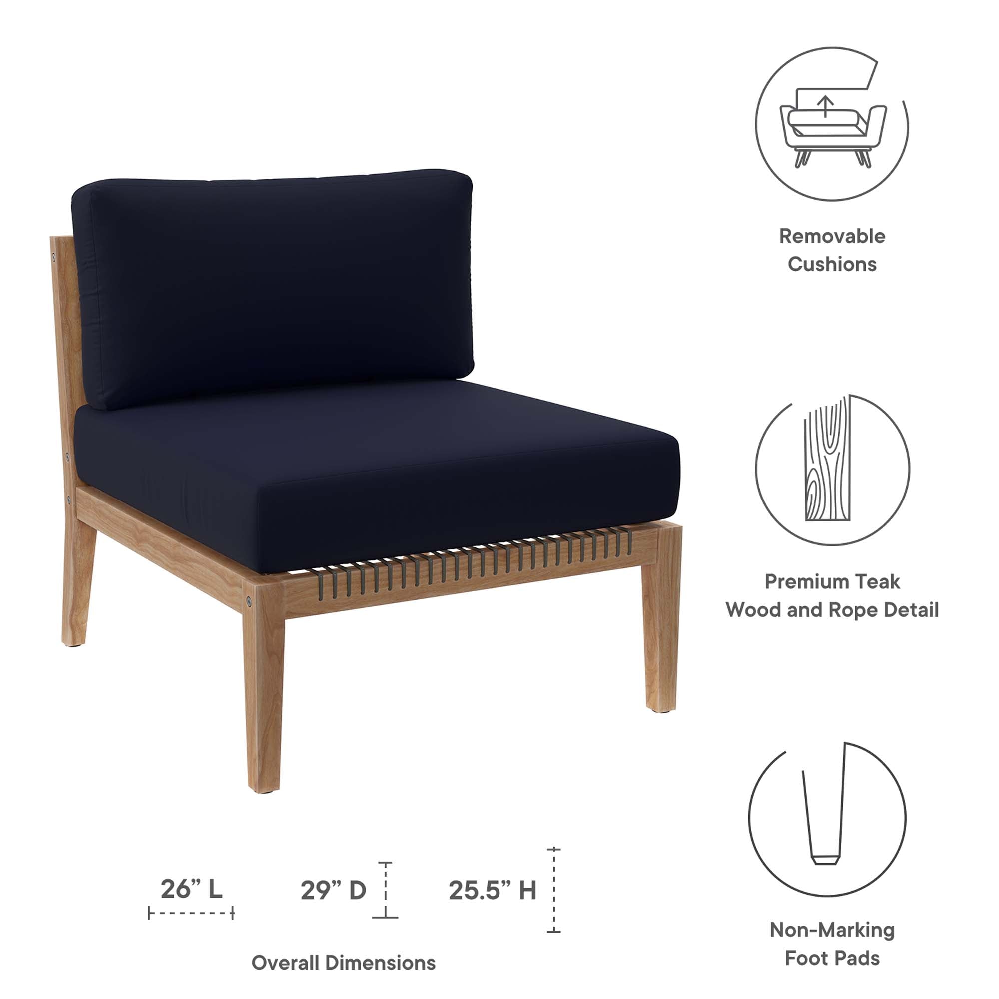 Clearwater Outdoor Patio Teak Wood Armless Chair, Gray Navy