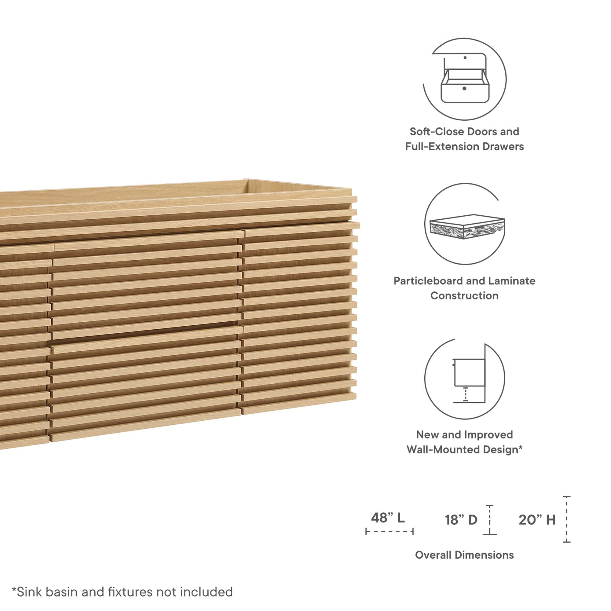 Render 48" Single Sink Compatible (Not Included) Bathroom Vanity Cabinet, Oak