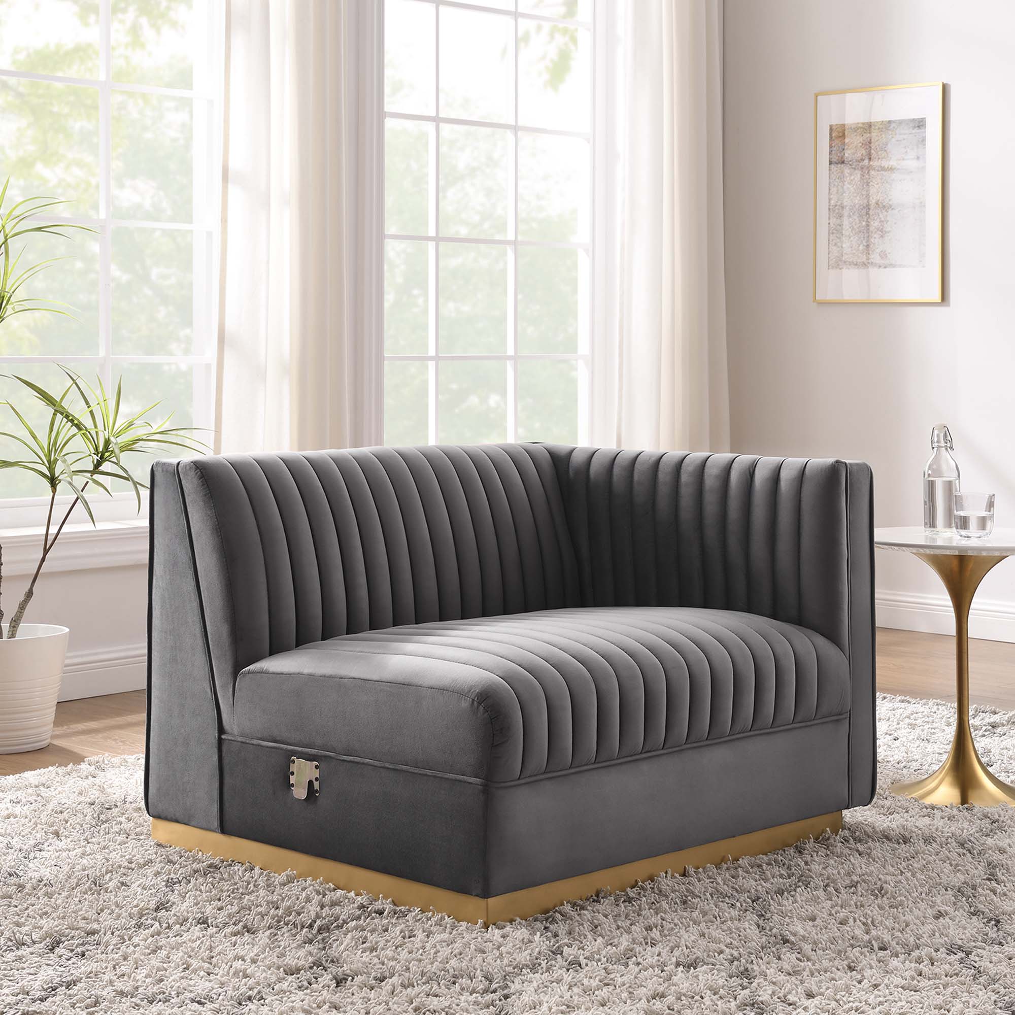 Sanguine Channel Tufted Performance Velvet Modular Sectional Sofa Right-Arm Chair, Gray