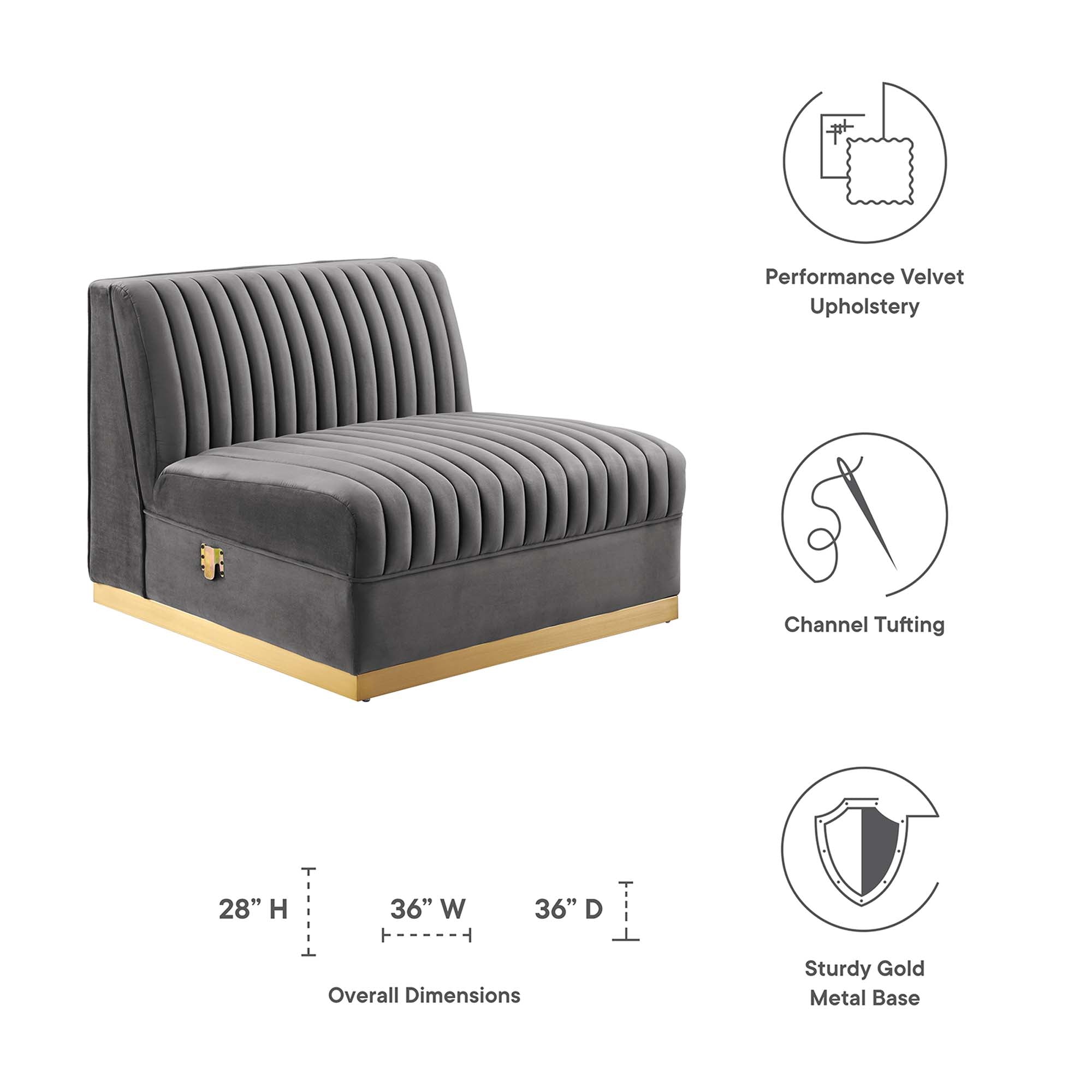 Sanguine Channel Tufted Performance Velvet Modular Sectional Sofa Armless Chair, Gray