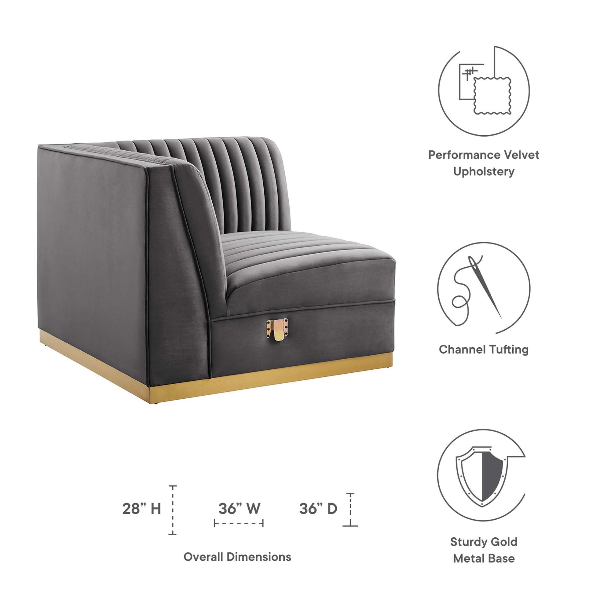 Sanguine Channel Tufted Performance Velvet Modular Sectional Sofa Right Corner Chair, Gray