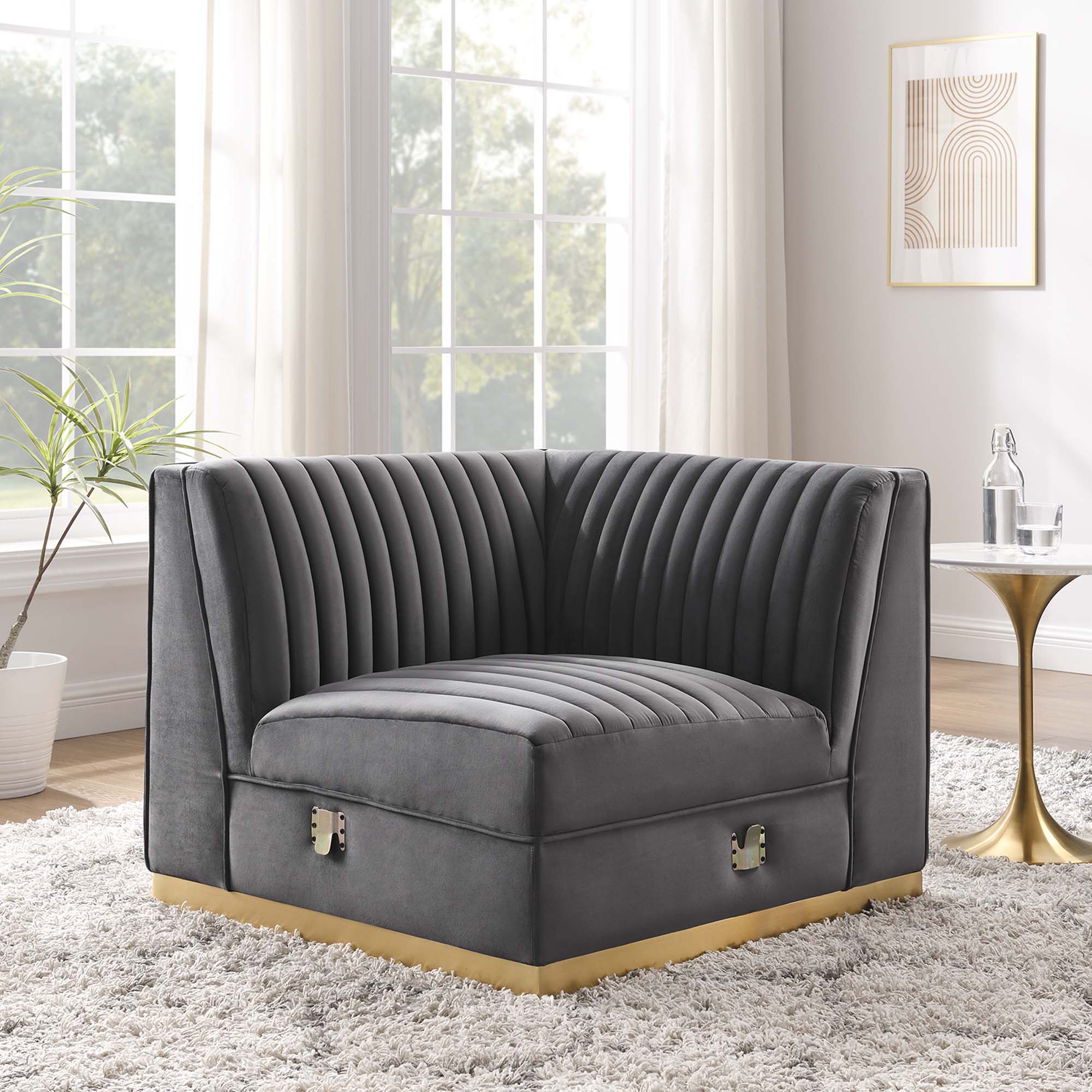 Sanguine Channel Tufted Performance Velvet Modular Sectional Sofa Right Corner Chair, Gray