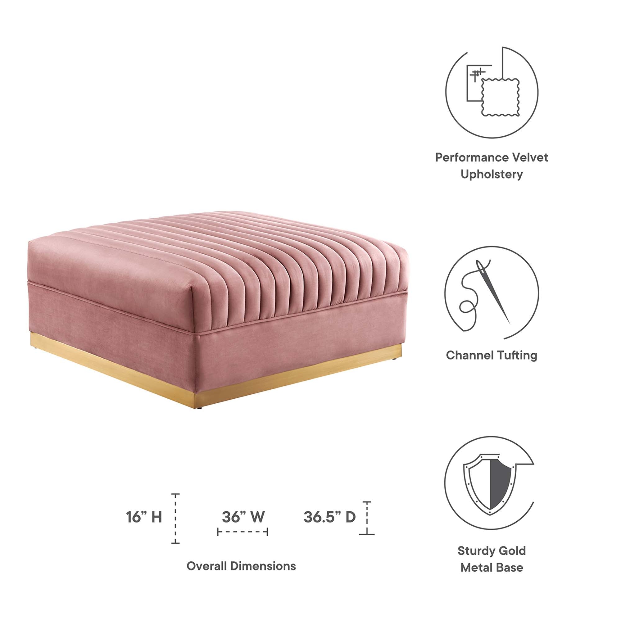 Sanguine Channel Tufted Performance Velvet Modular Sectional Sofa Ottoman, Dusty Rose