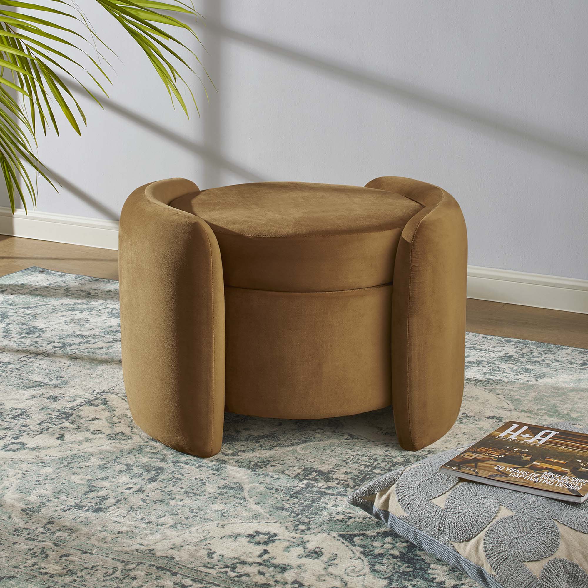 Nebula Upholstered Performance Velvet Ottoman, Cognac