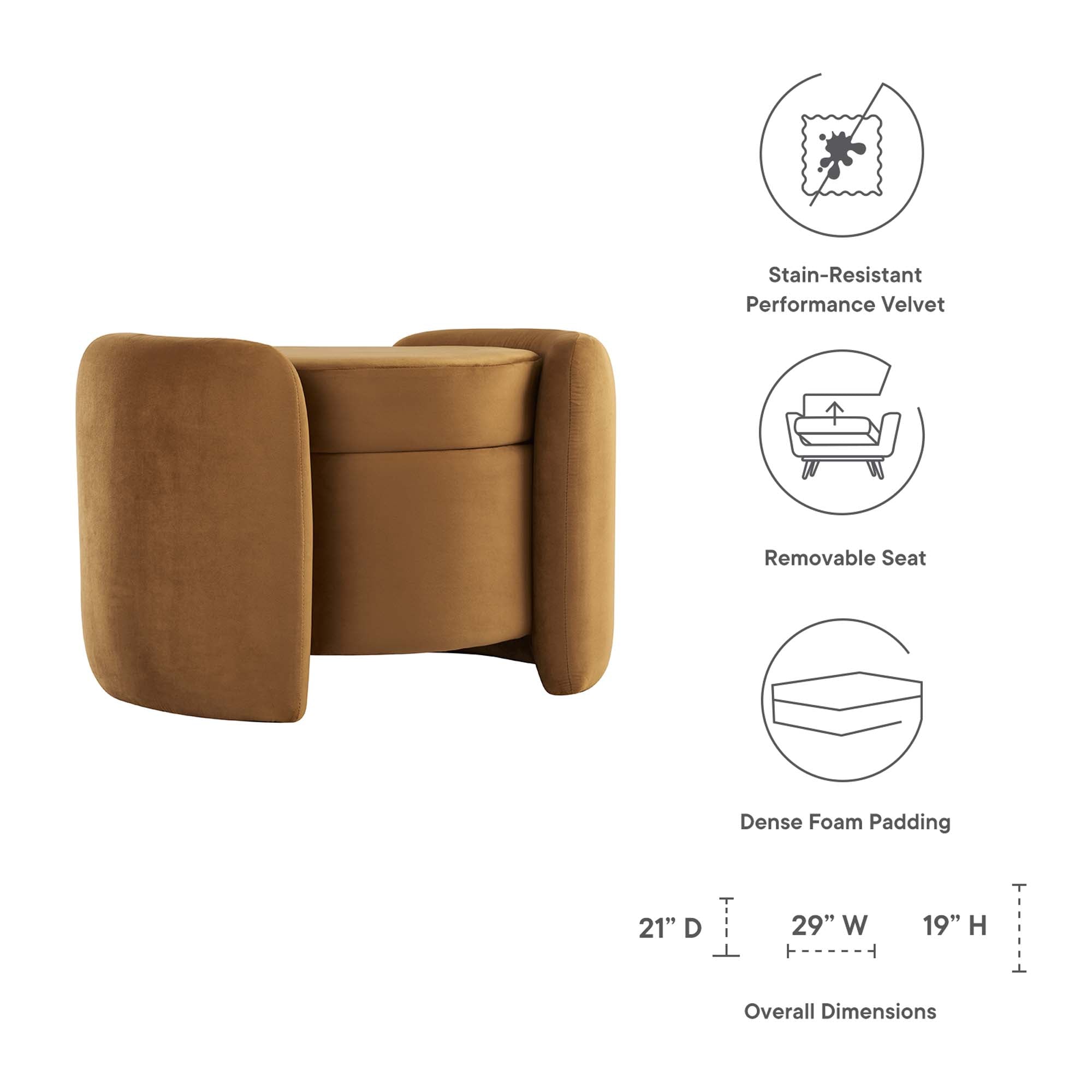 Nebula Upholstered Performance Velvet Ottoman, Cognac