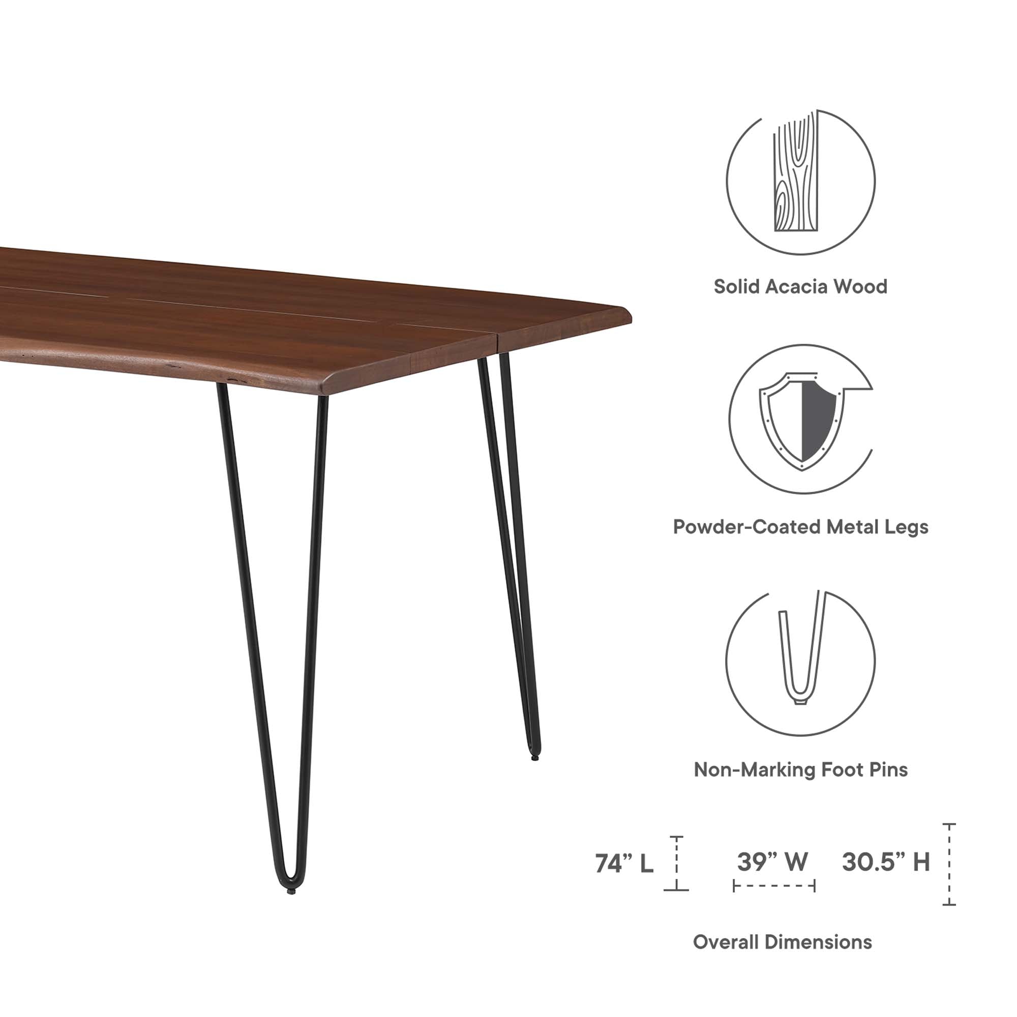 Ardor 74" Live Edge Acacia Wood Acacia Wood Dining Table, Black Walnut