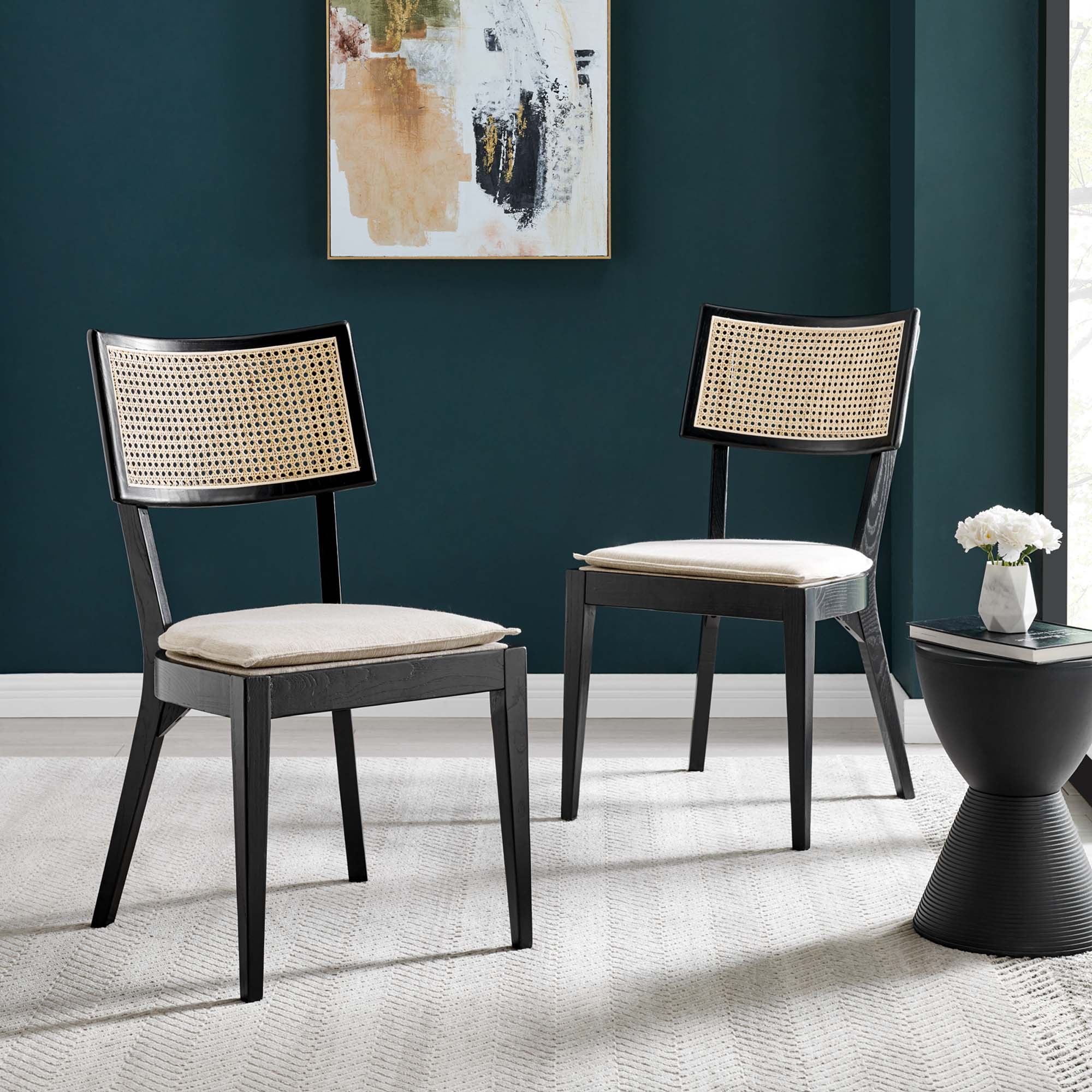 Caledonia Fabric Upholstered Wood Dining Chair Set of 2, Black Beige