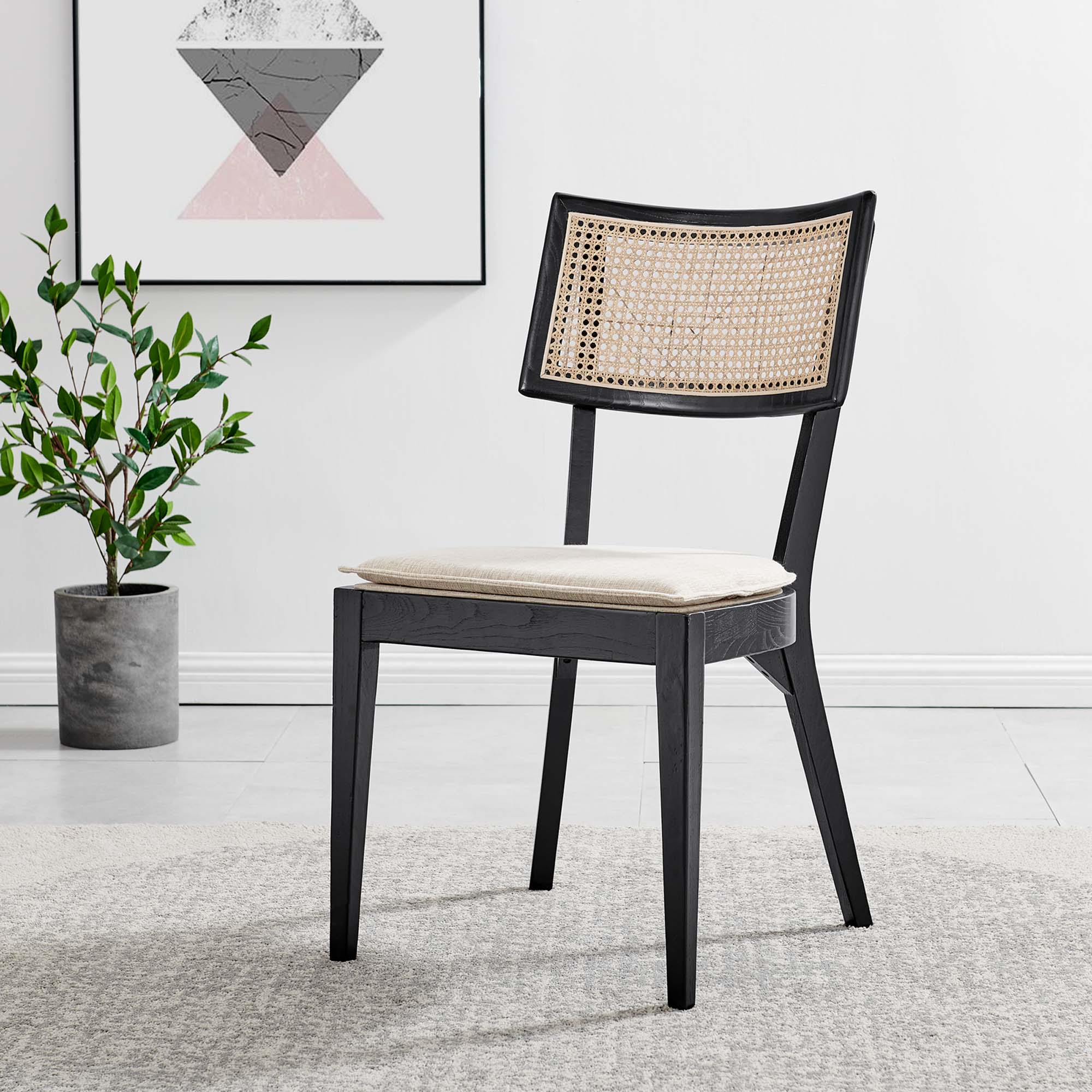Caledonia Fabric Upholstered Wood Dining Chair Set of 2, Black Beige