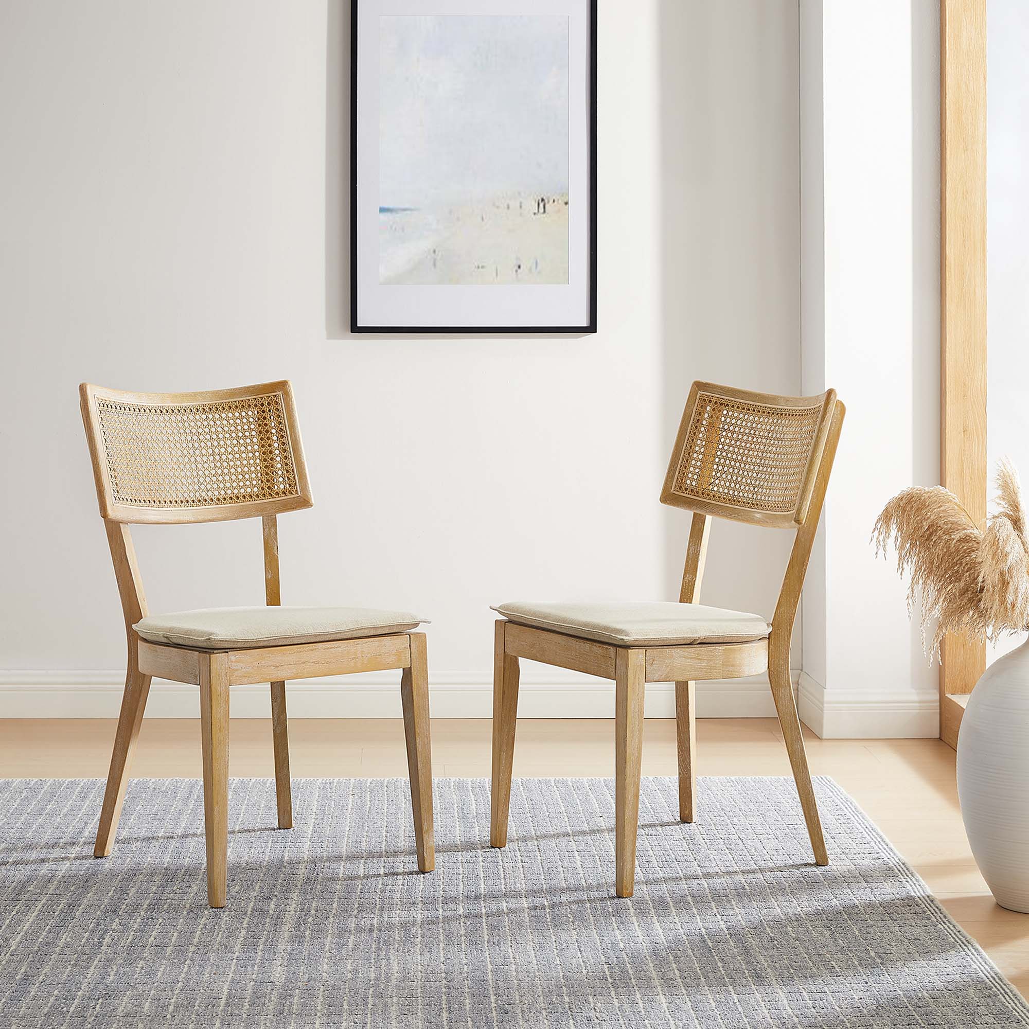Caledonia Fabric Upholstered Wood Dining Chair Set of 2, Gray Beige