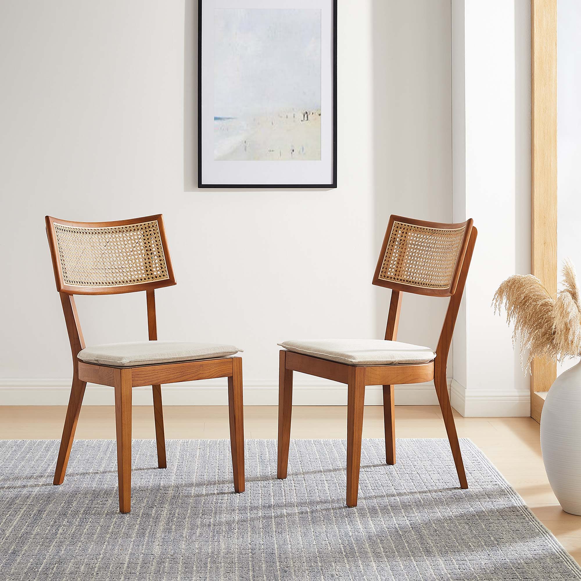 Caledonia Fabric Upholstered Wood Dining Chair Set of 2, Walnut Beige