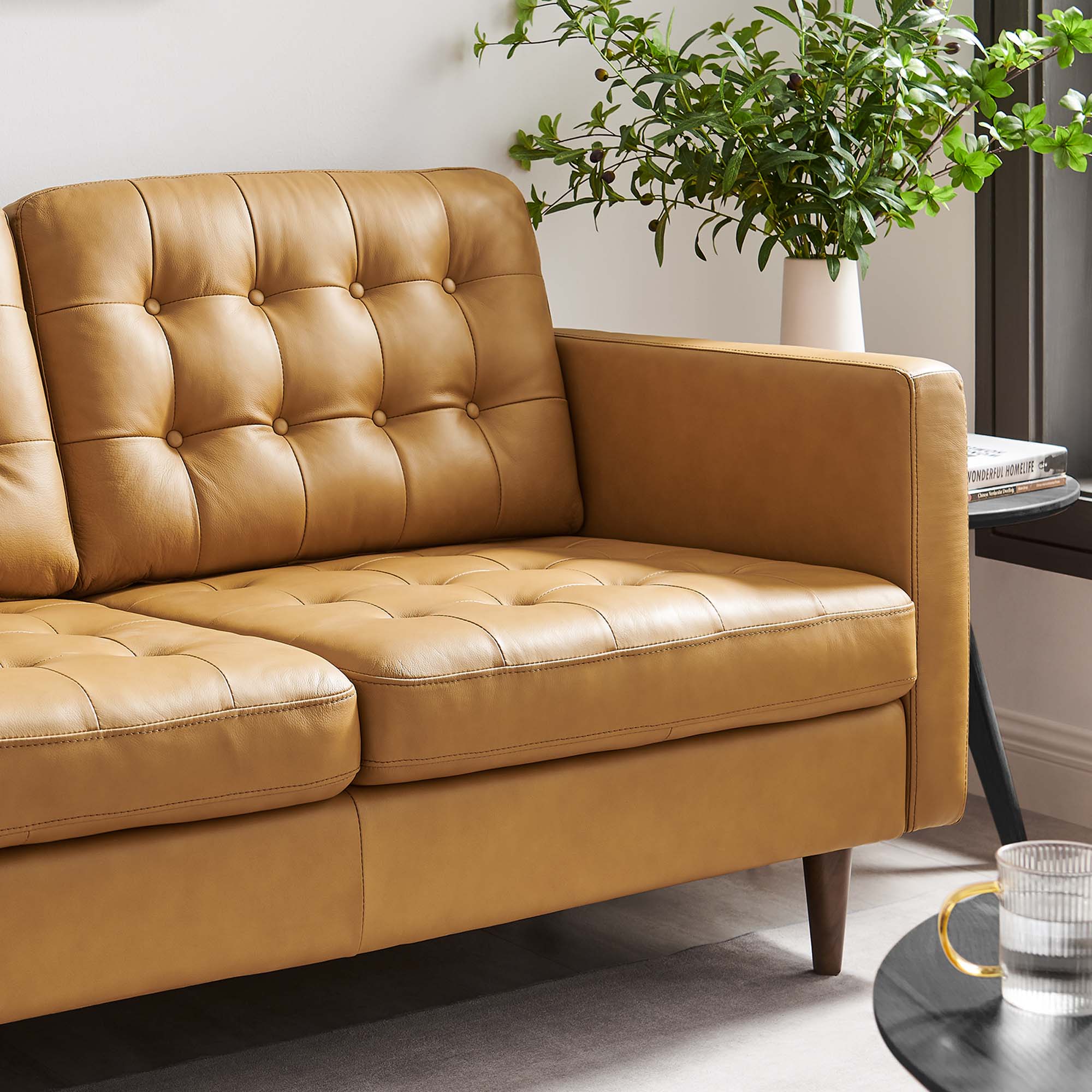 Exalt Tufted Leather Loveseat, Tan