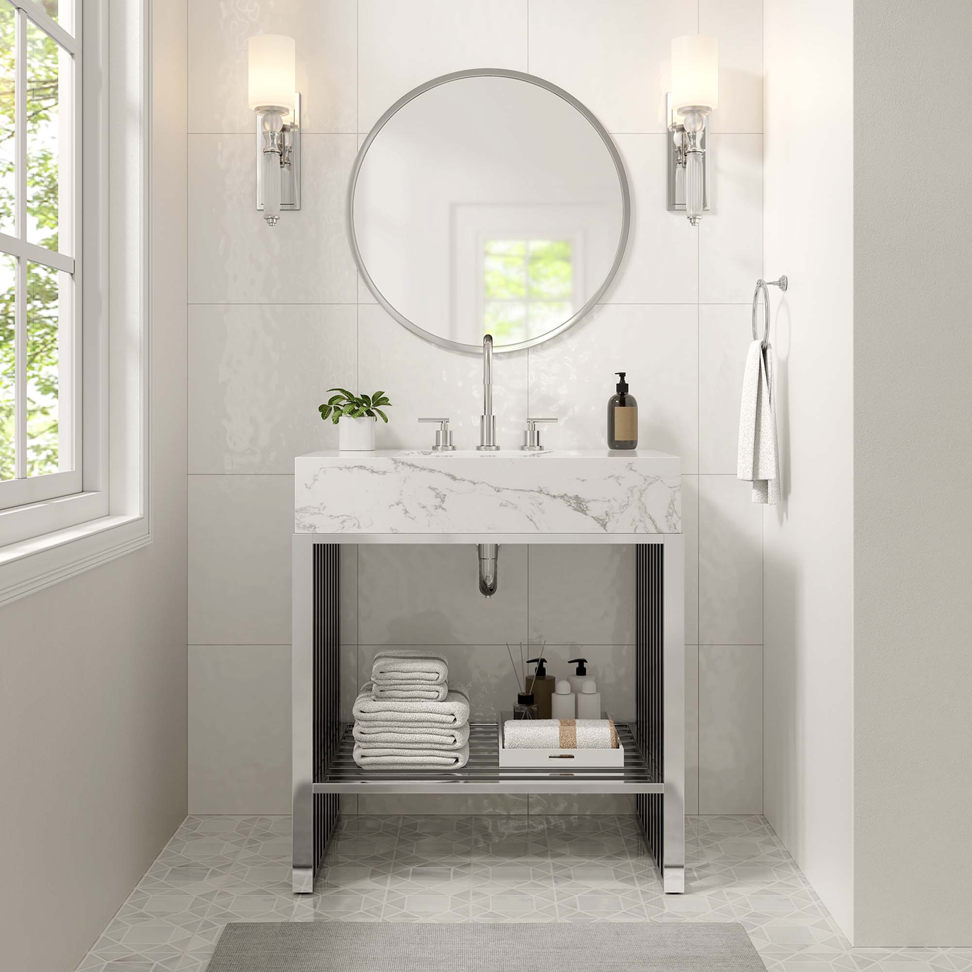 Gridiron 30" Bathroom Vanity, White Silver