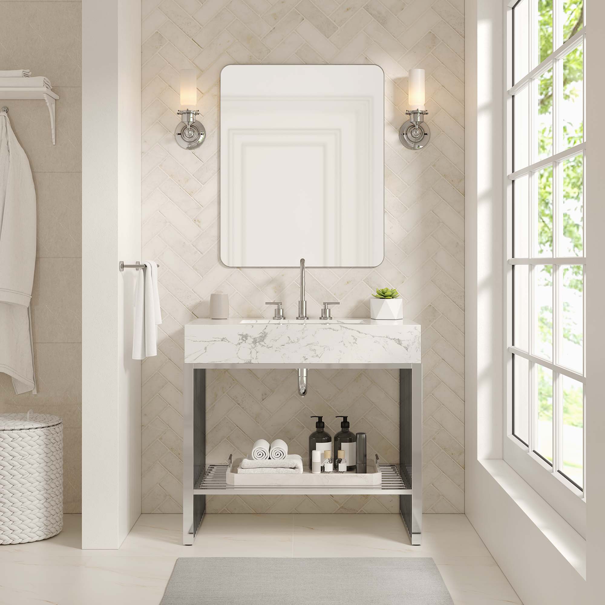 Gridiron 36" Bathroom Vanity, White Silver