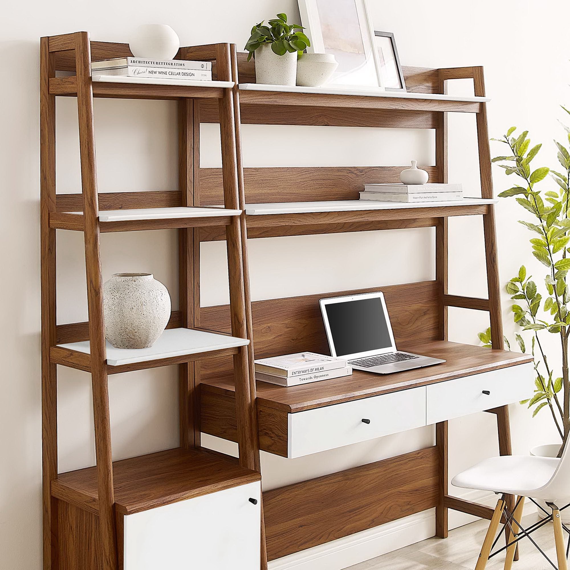 Bixby 2-Piece Wood Office Desk and Bookshelf, Walnut White