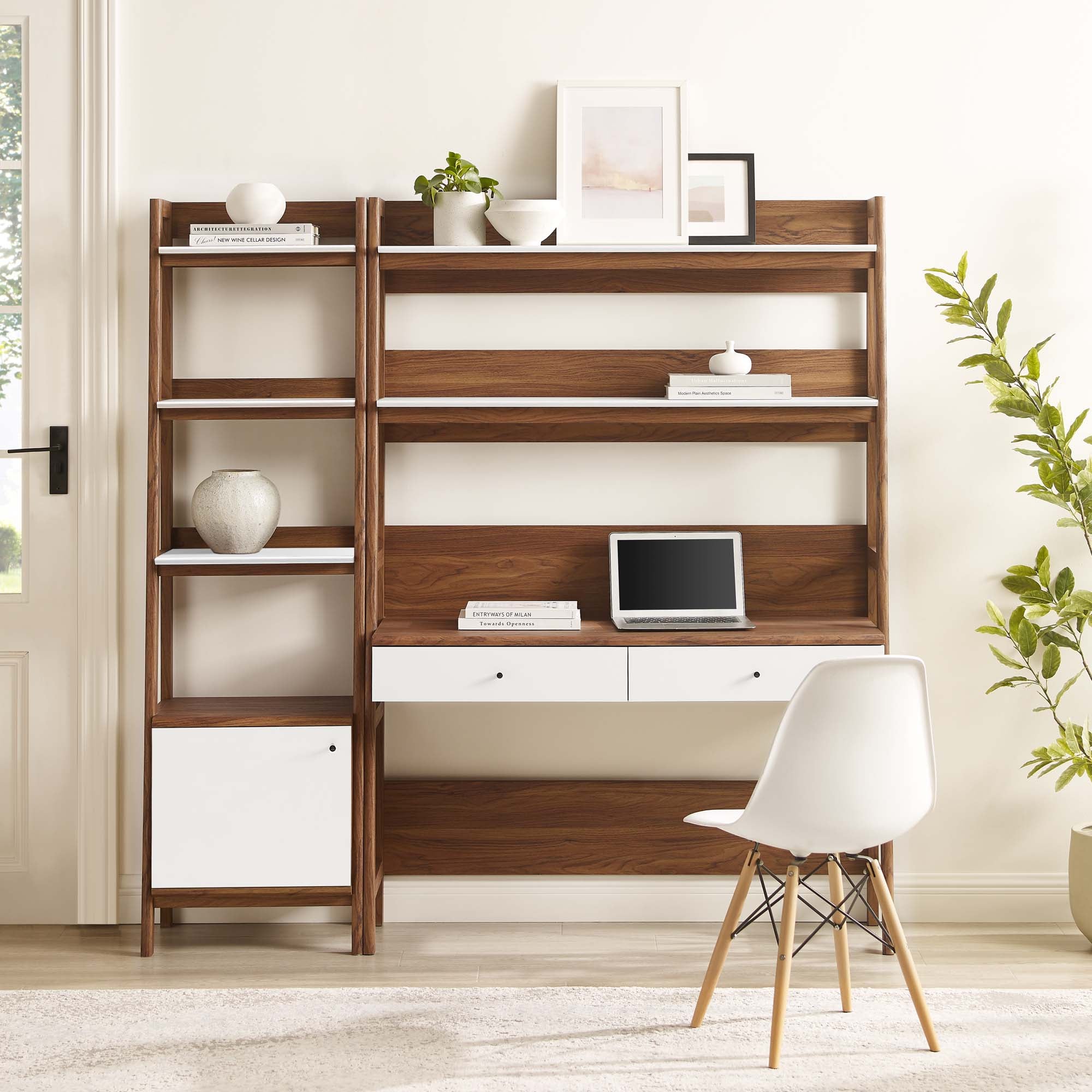 Bixby 2-Piece Wood Office Desk and Bookshelf, Walnut White