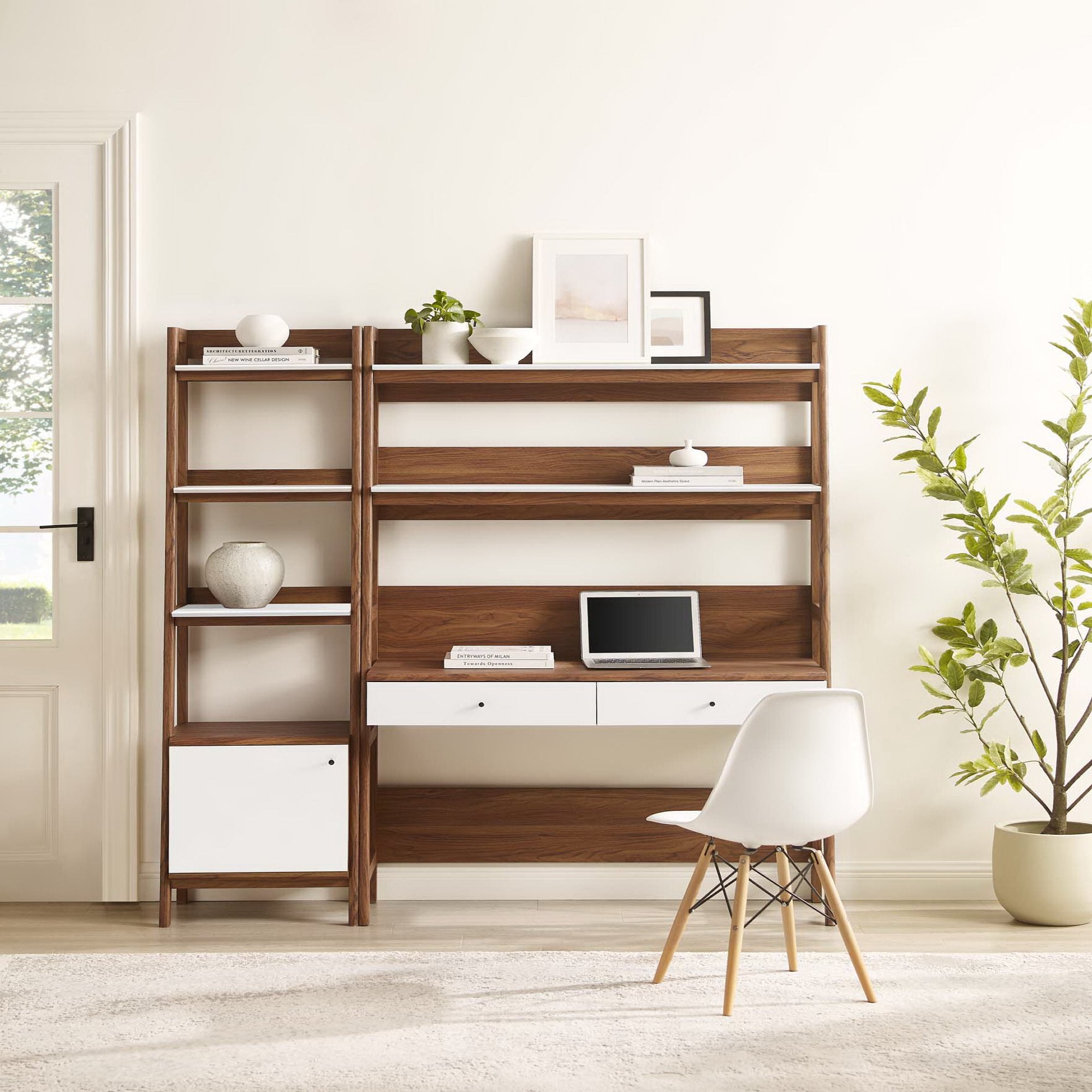 Bixby 2-Piece Wood Office Desk and Bookshelf, Walnut White
